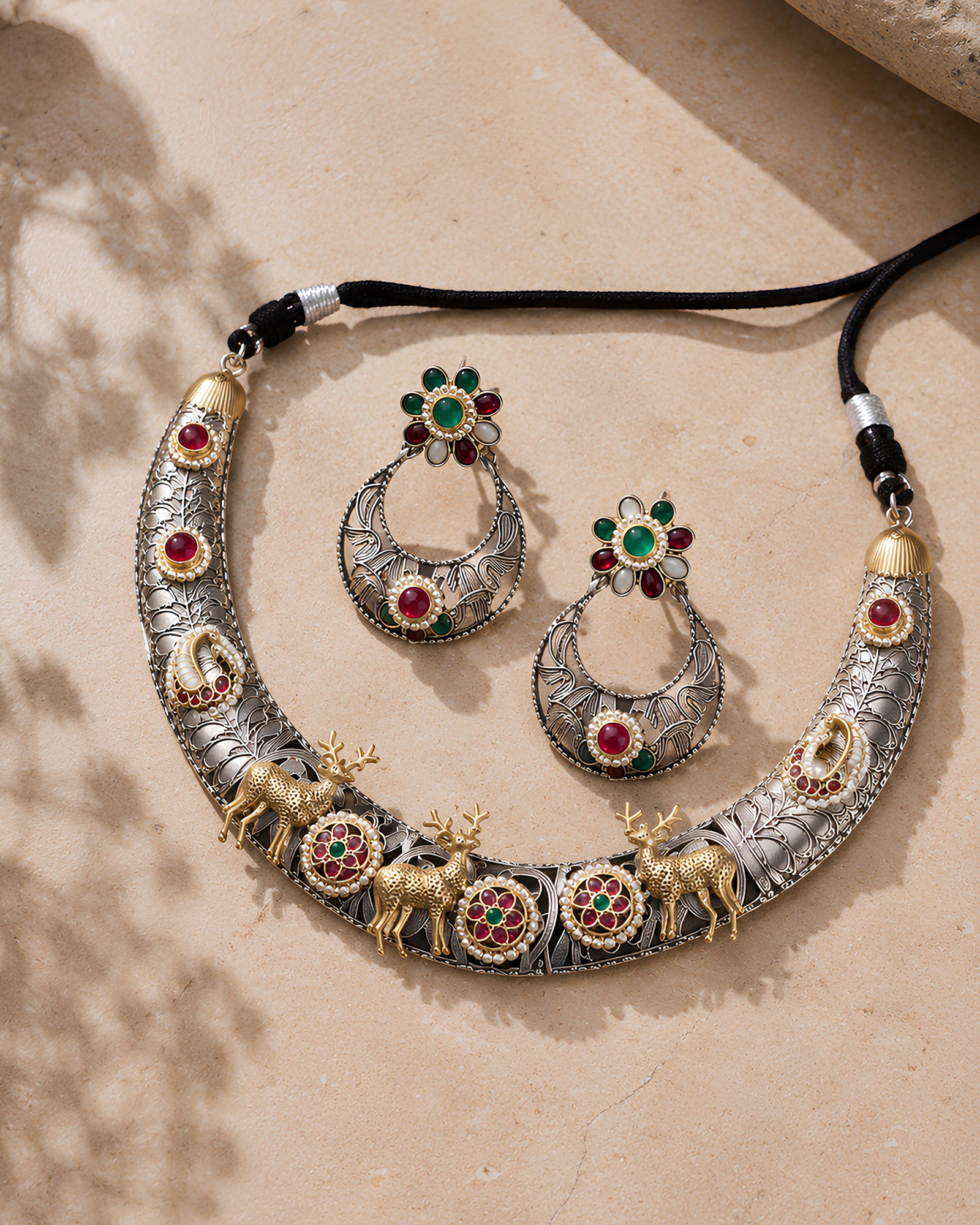 Dual-Tone Golden Stag & Enamel Motif Hasli Necklace