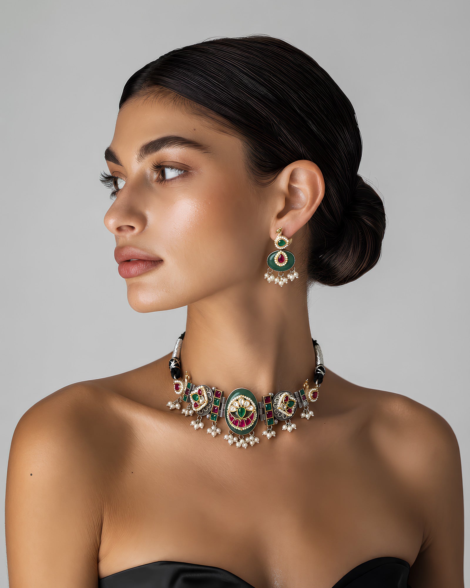 Dual-Tone Green Oval Meenakari & Pearl Droplet Choker Necklace