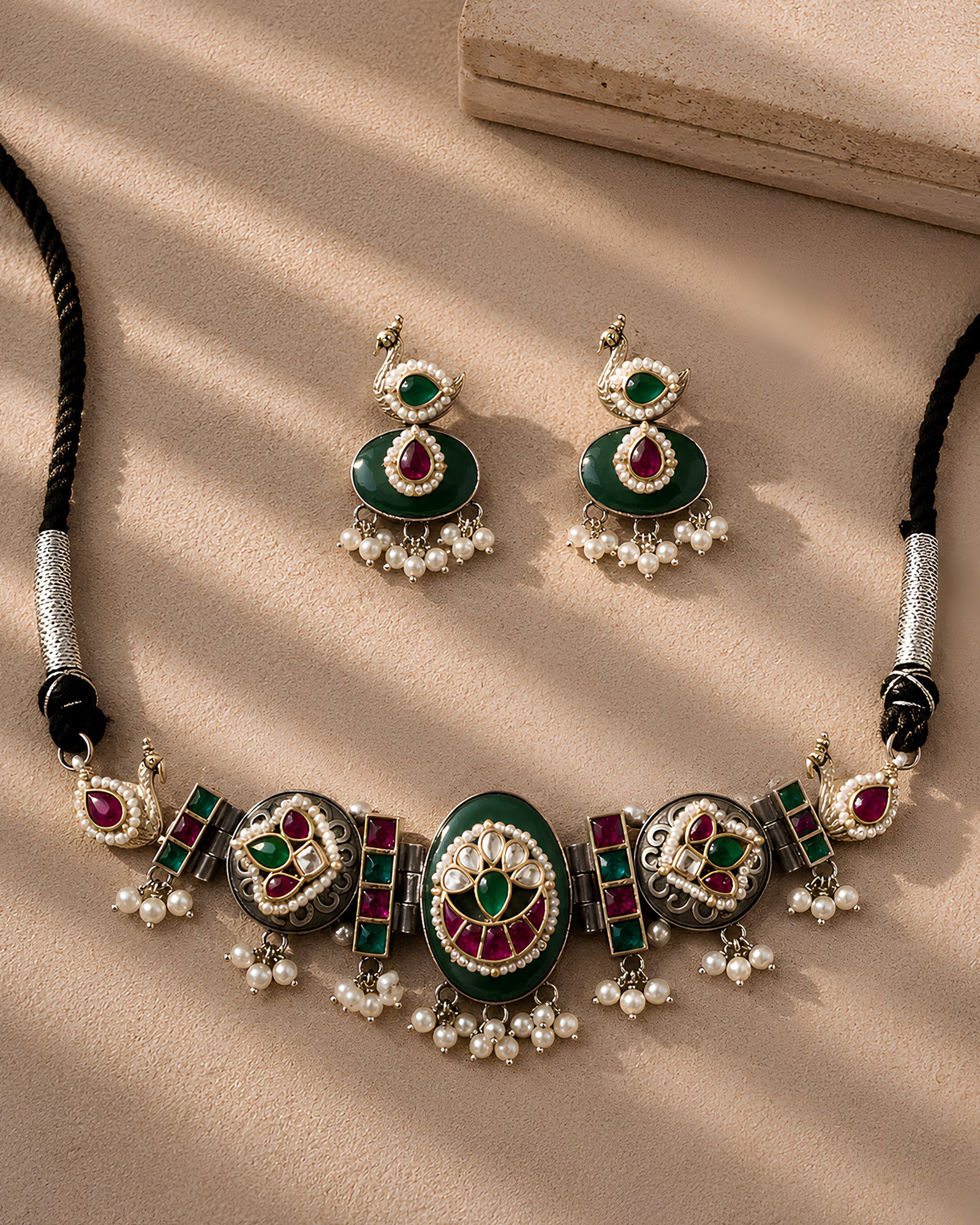 Dual-Tone Green Oval Meenakari & Pearl Droplet Choker Necklace