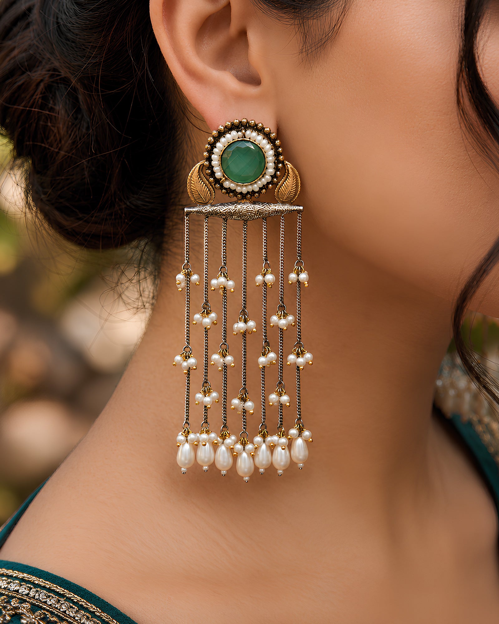 Dual-Tone Green Stone Cascading Pearl Chain Earrings