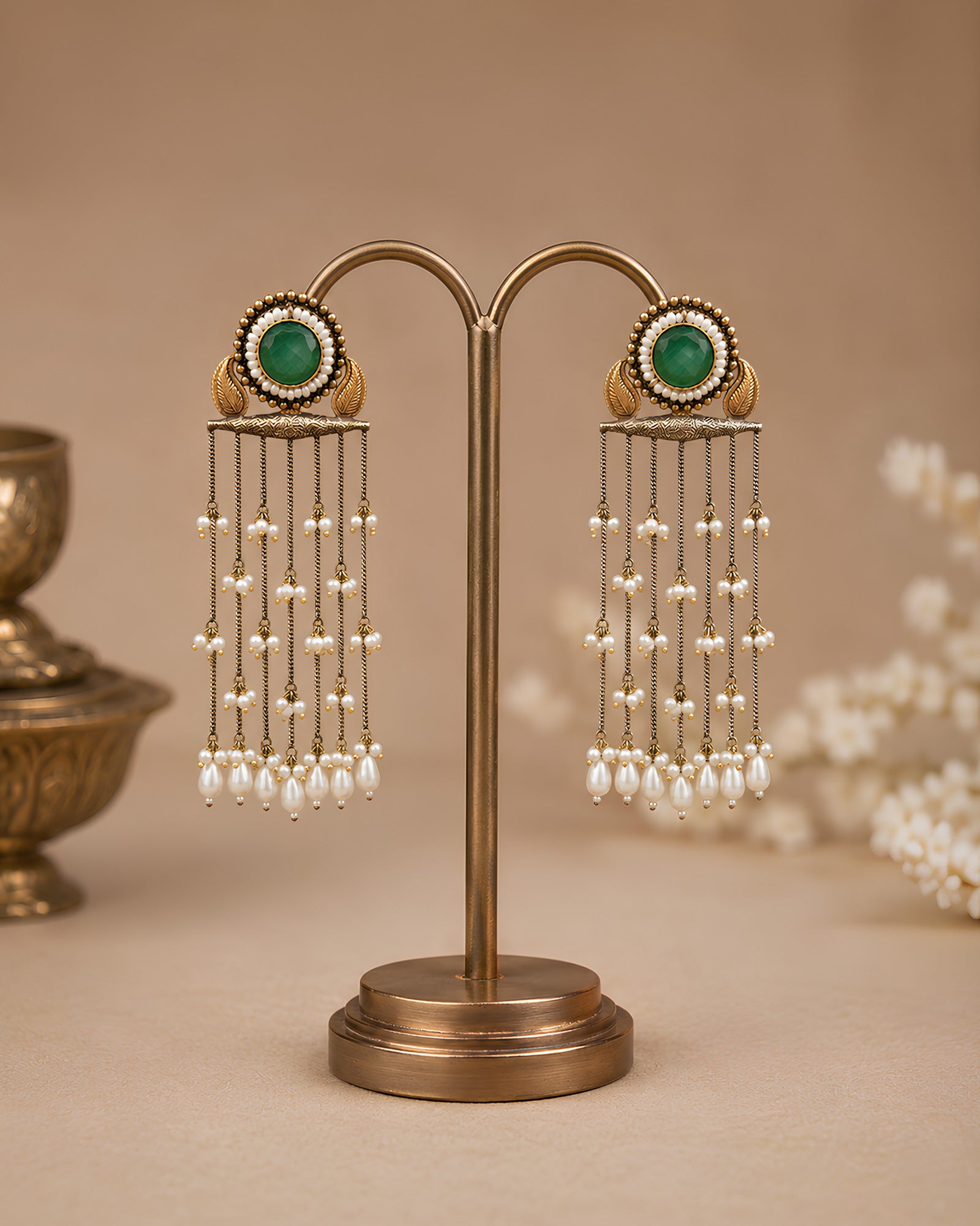 Dual-Tone Green Stone Cascading Pearl Chain Earrings