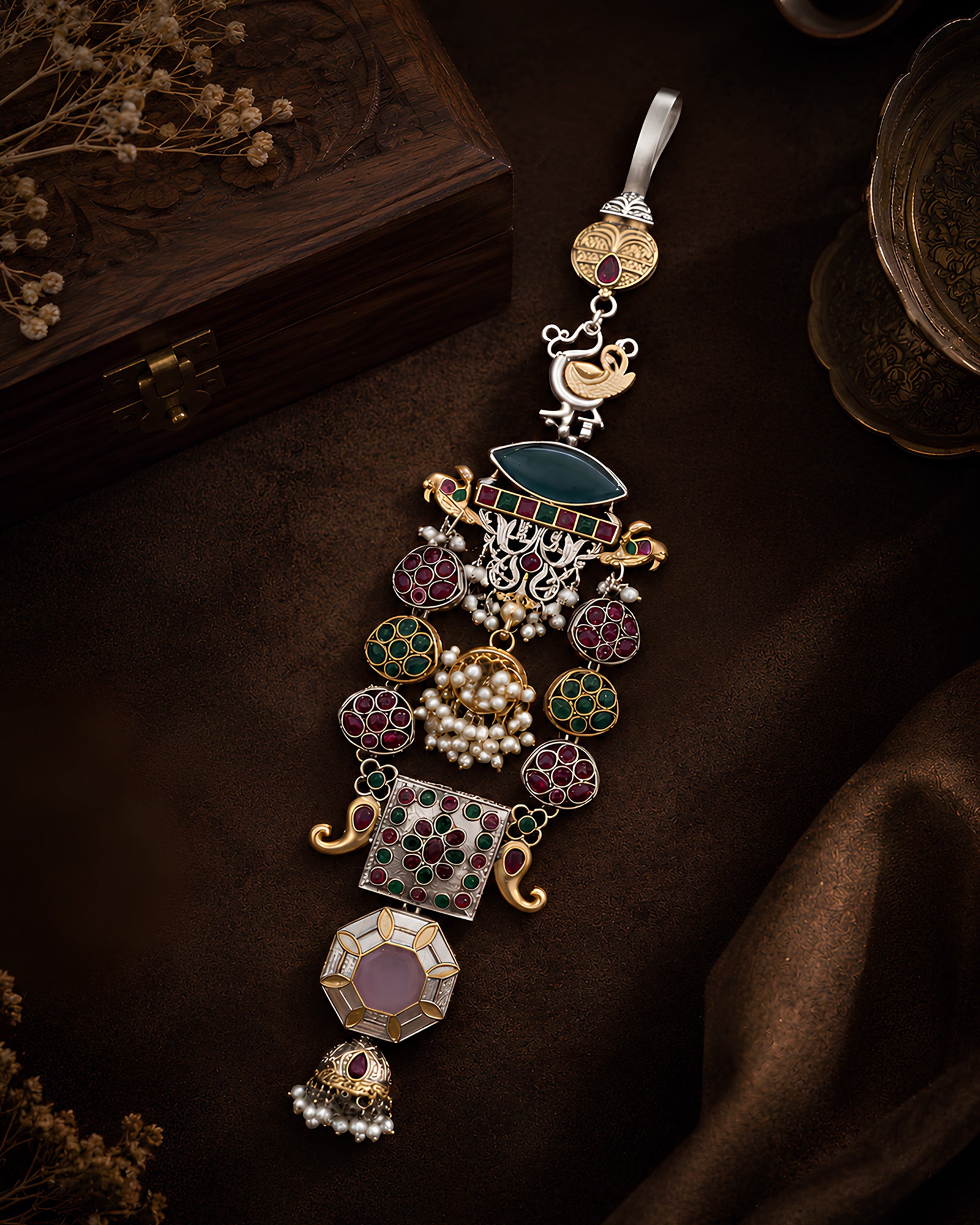 Dual-Tone Heritage Peacock & Geometric Jhumka Chabi Chhalla
