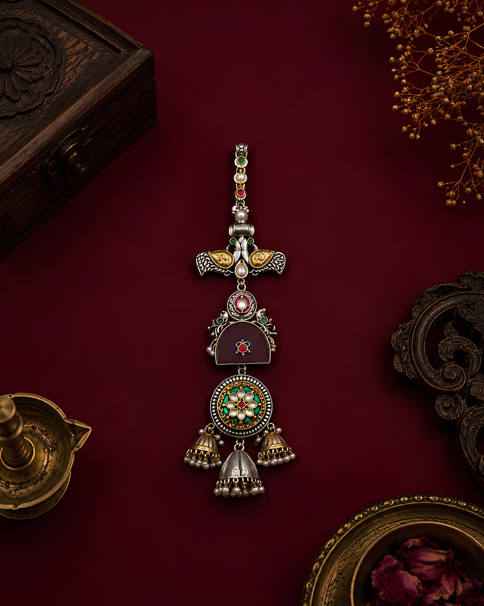 Dual-Tone Heritage Wing & Floral Jhumka Chabi Chhalla