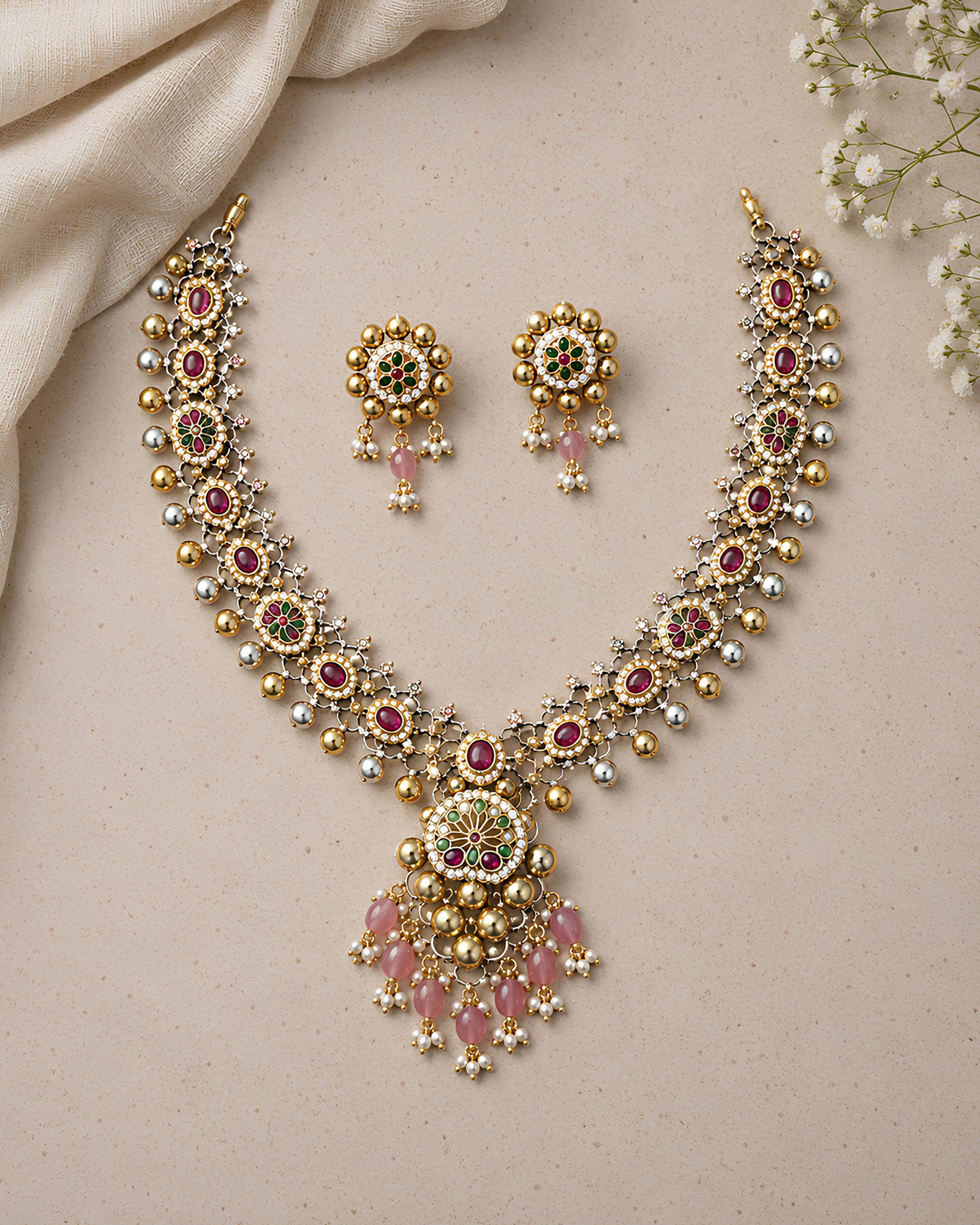 Dual-Tone Intricate Lattice Flower & Pink Drop Necklace