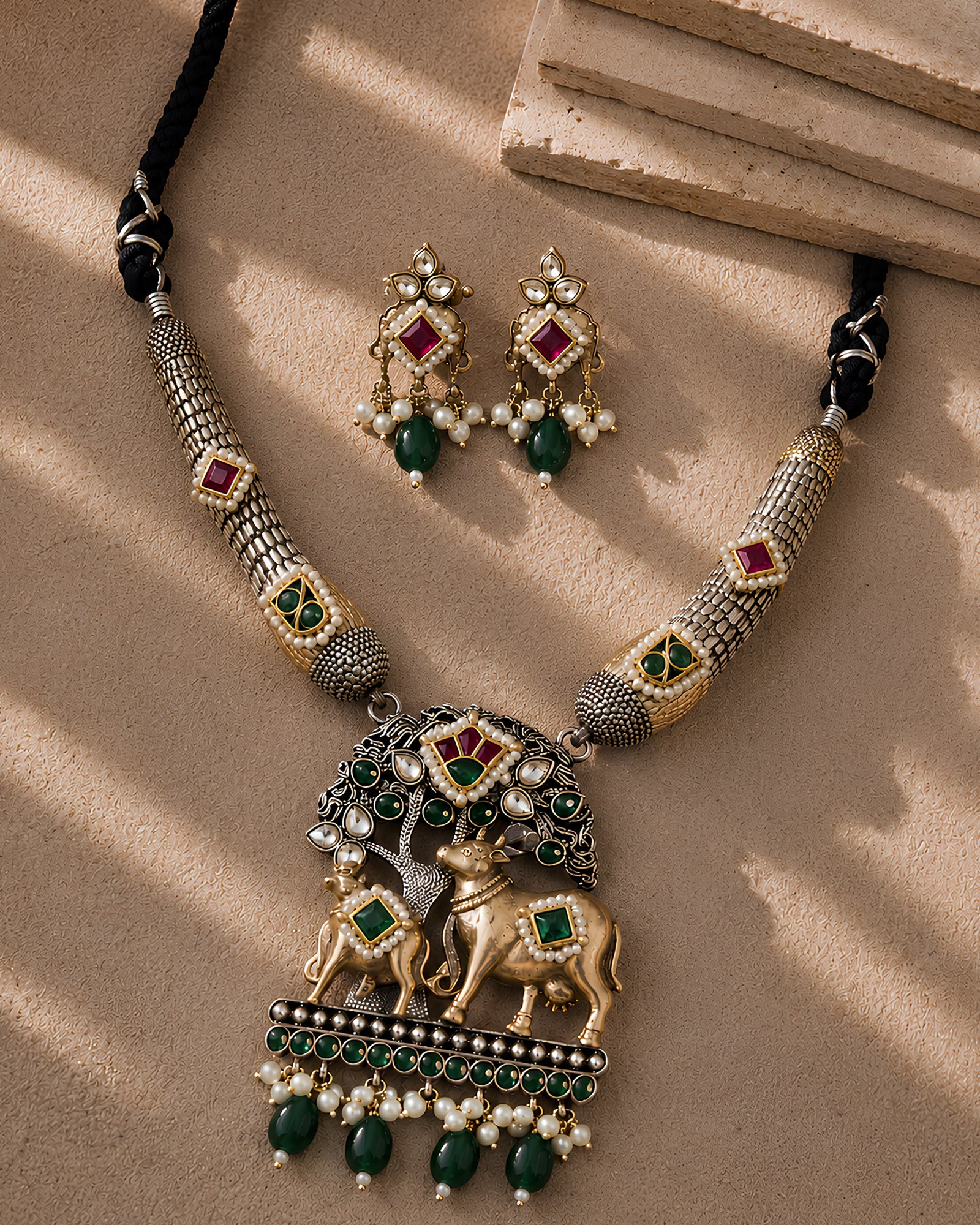 Dual-Tone Kamadhenu Motif Tree of Life Hasli Necklace