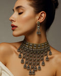 Dual-Tone Kundan Floral Block & Cascading Mesh Jhumka Choker Set