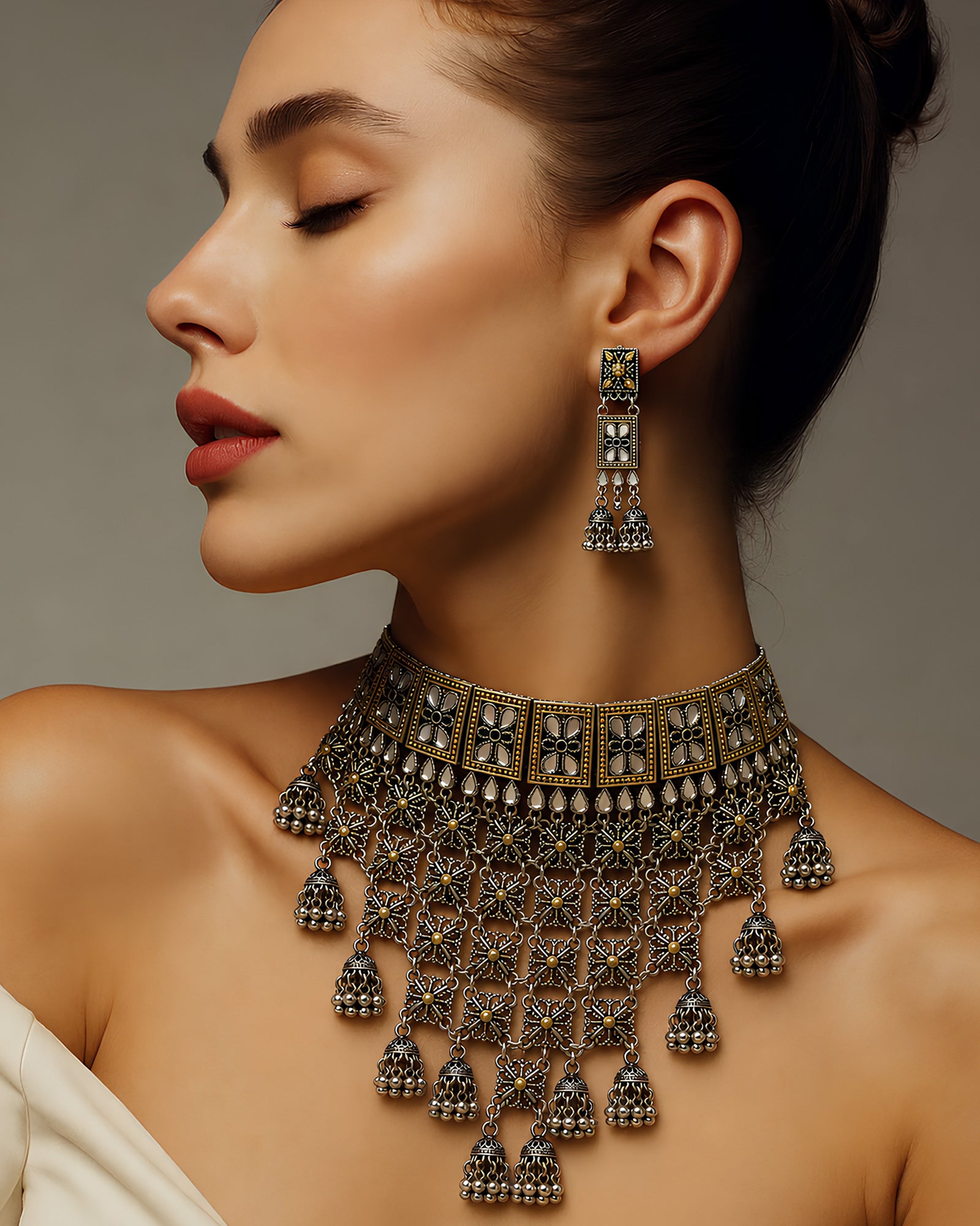 Dual-Tone Kundan Floral Block & Cascading Mesh Jhumka Choker Set