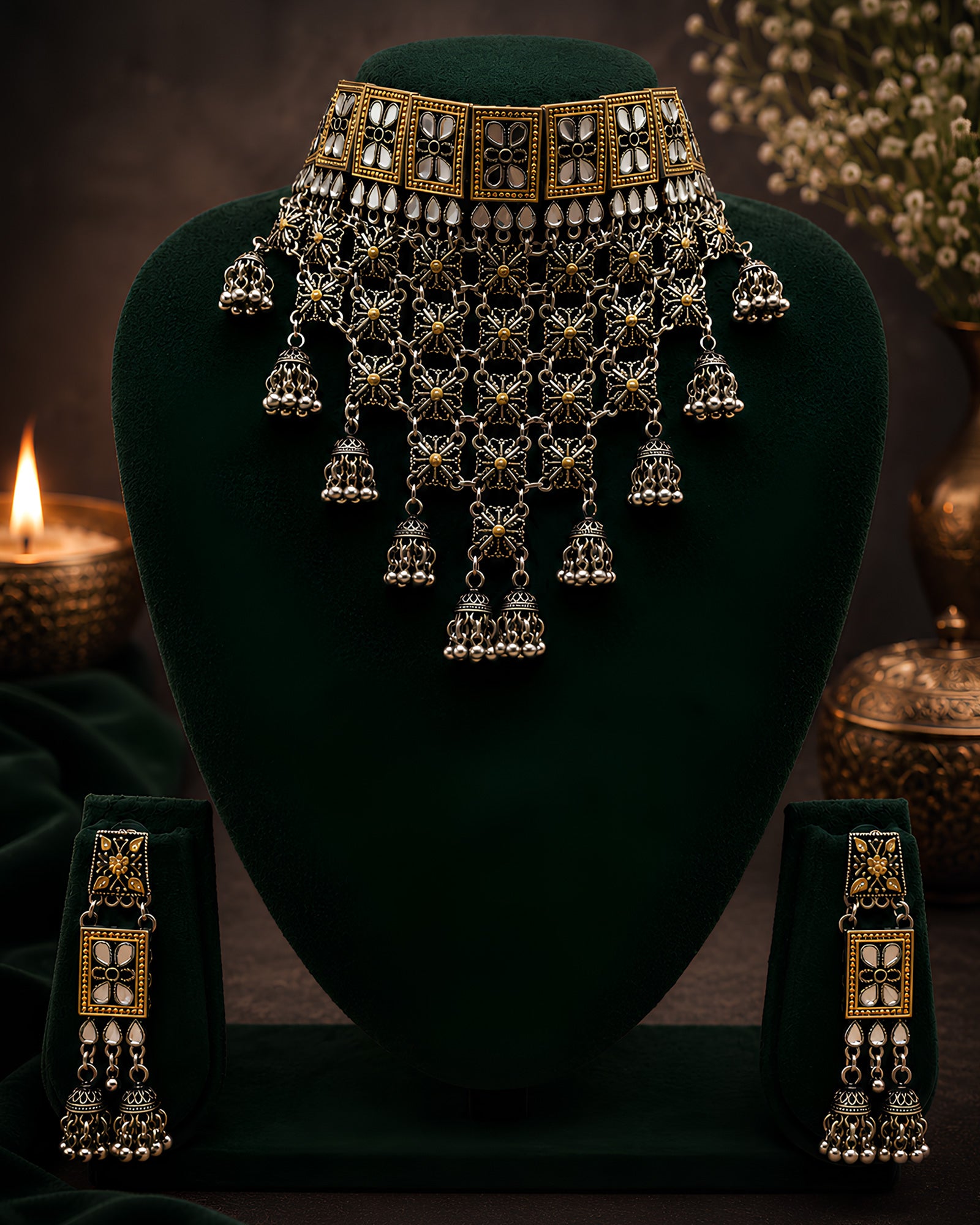 Dual-Tone Kundan Floral Block & Cascading Mesh Jhumka Choker Set