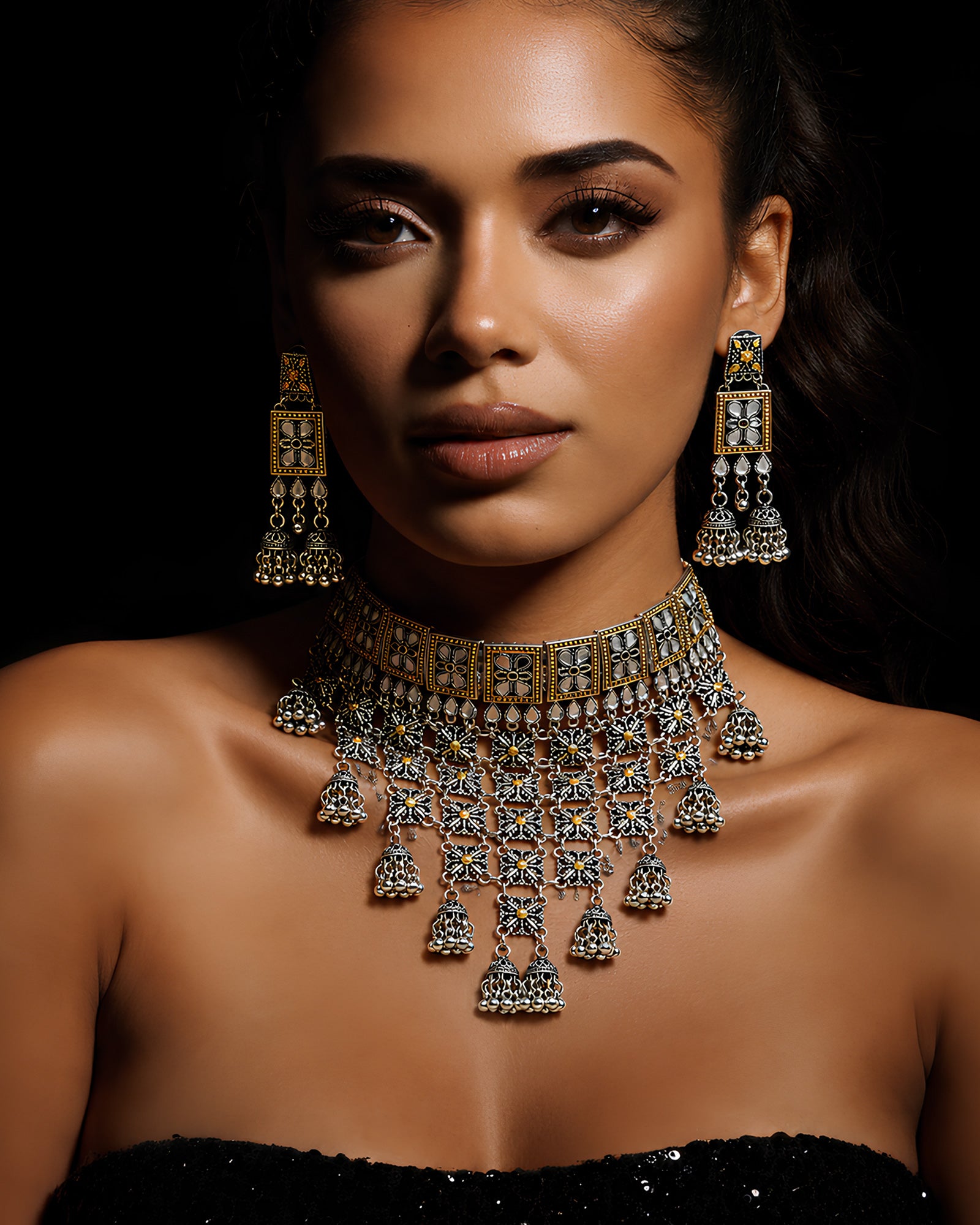 Dual-Tone Kundan Floral Block & Cascading Mesh Jhumka Choker Set