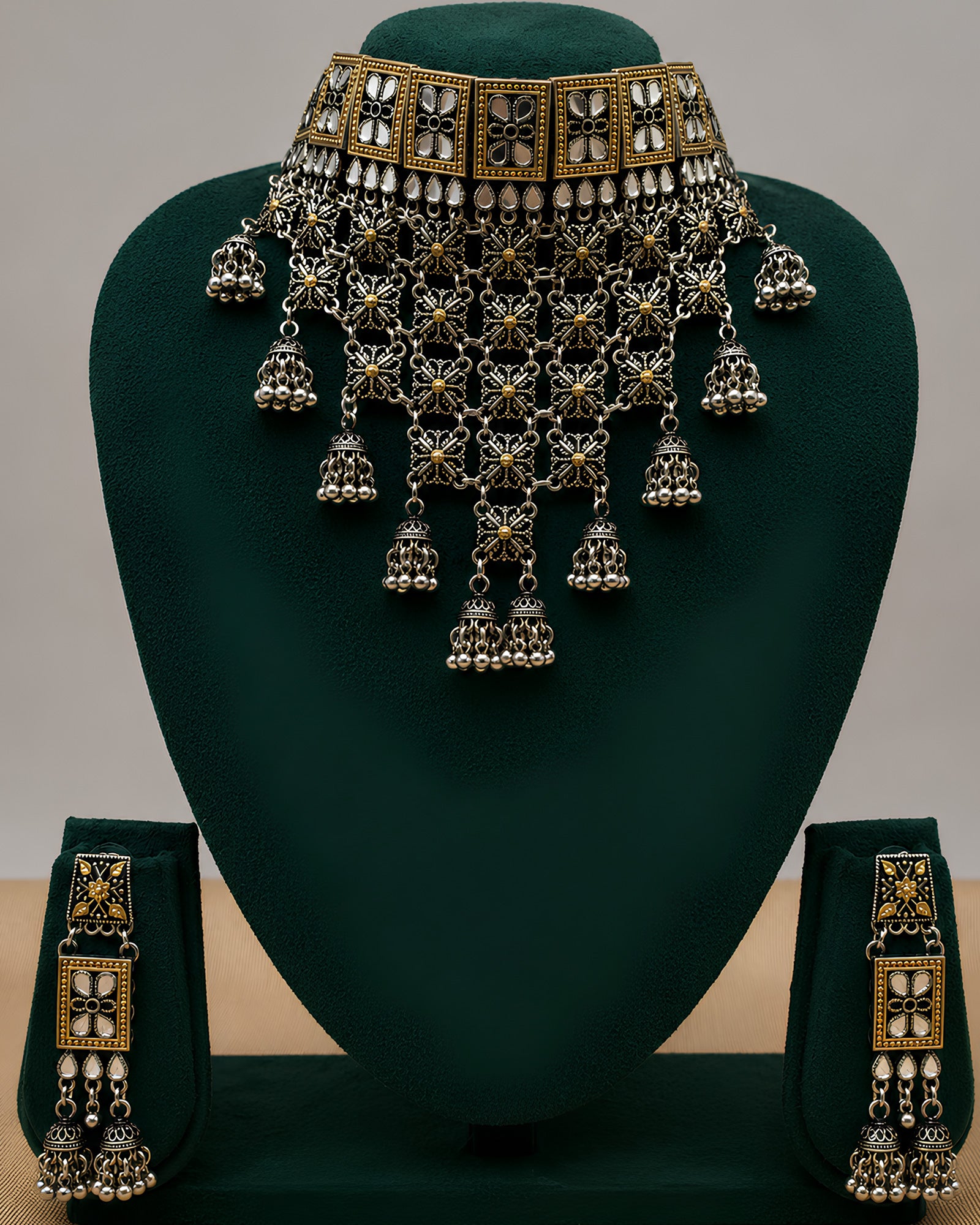 Dual-Tone Kundan Floral Block & Cascading Mesh Jhumka Choker Set