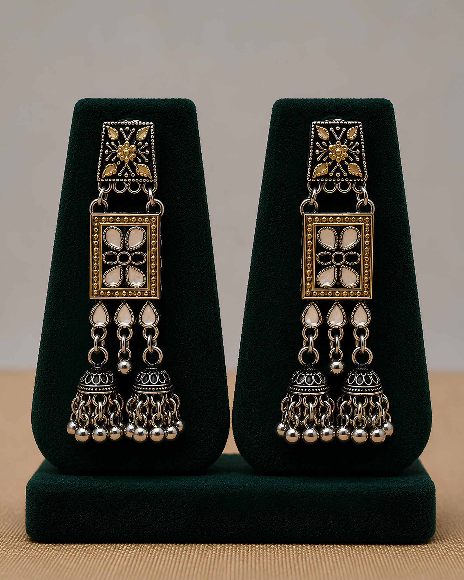 Dual-Tone Kundan Floral Block & Cascading Mesh Jhumka Choker Set