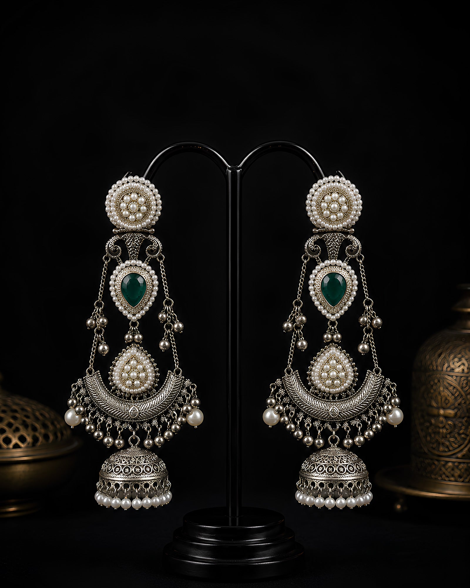 Dual-Tone Kundan Grand Multi-Tiered Jhumka Earrings