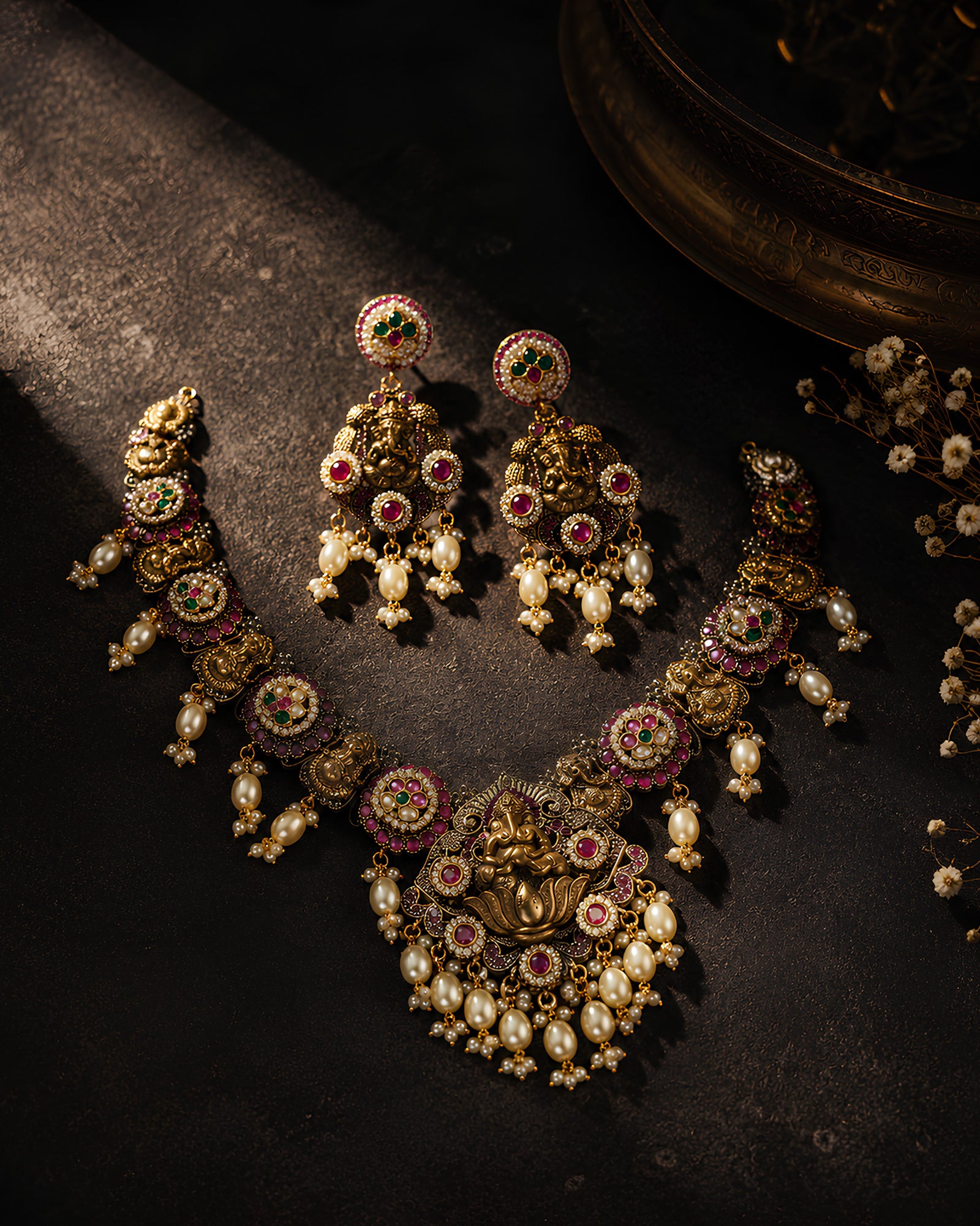 Dual-Tone Lord Ganesha Motif Pearl Drop Festive Necklace