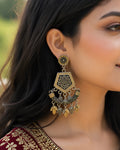 Dual-Tone Lotus Motif Shield & Leaf-Fringed Oxidized Earrings