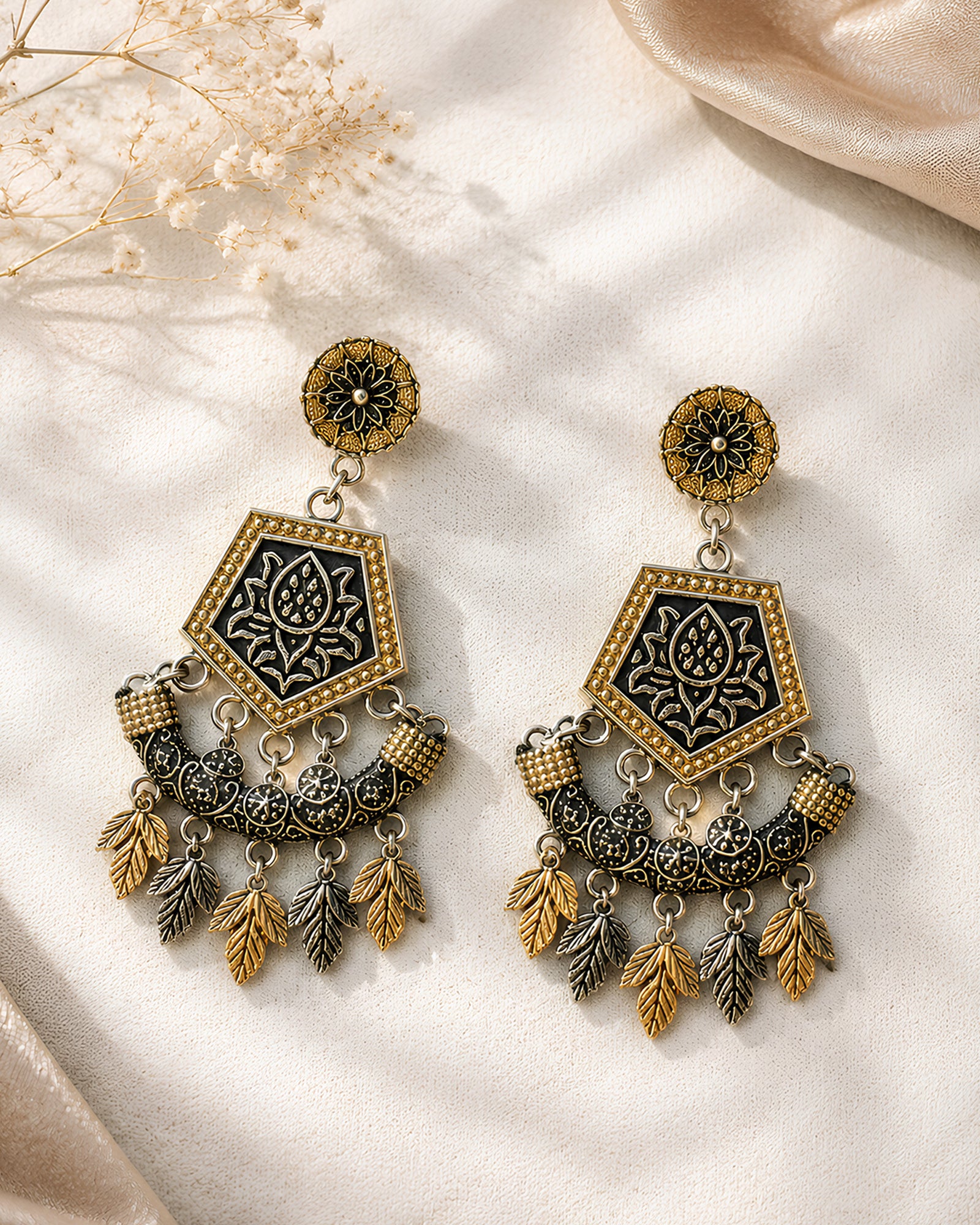 Dual-Tone Lotus Motif Shield & Leaf-Fringed Oxidized Earrings