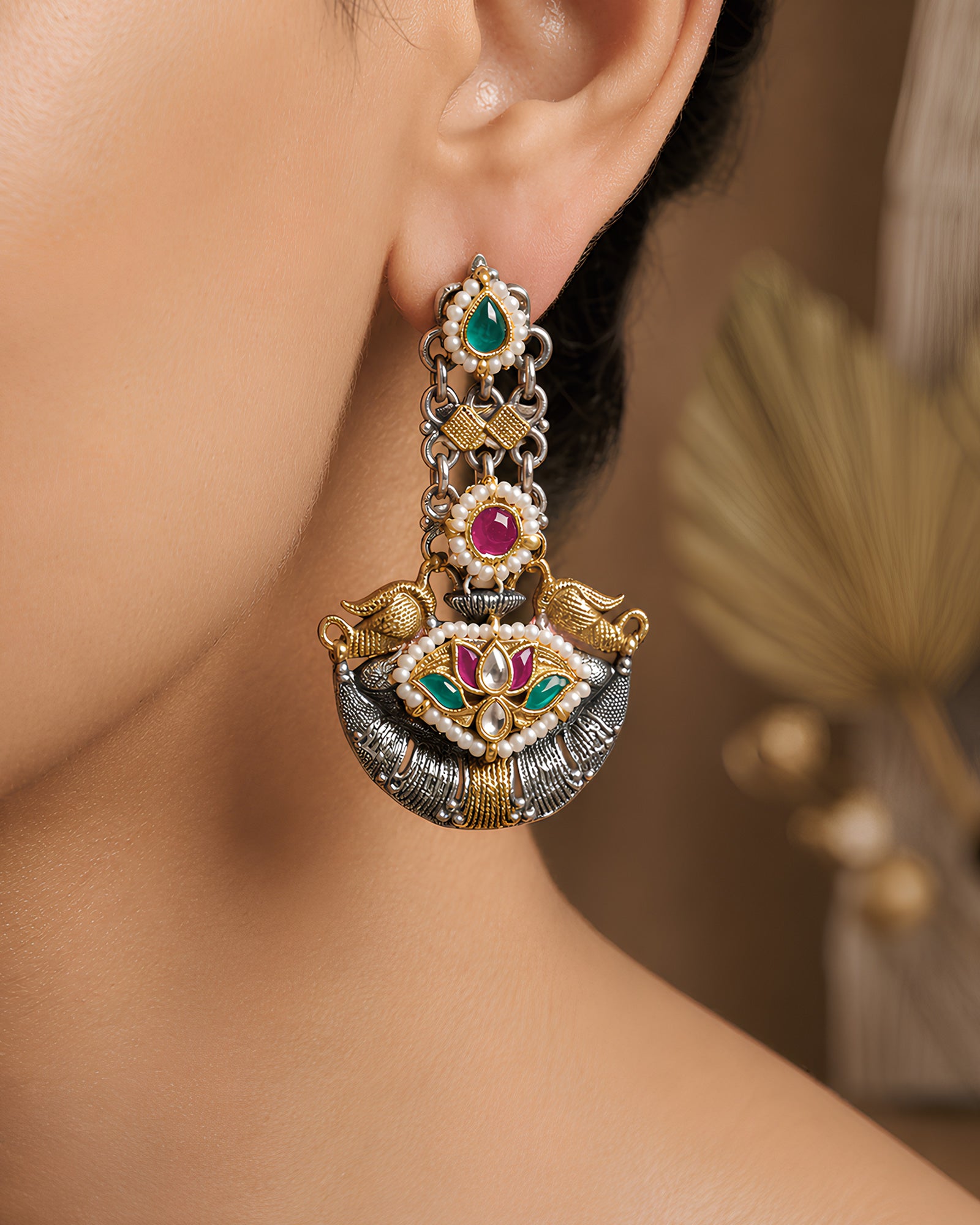 Dual-Tone Lotus Shield & Twin Peacock Chandelier Earrings