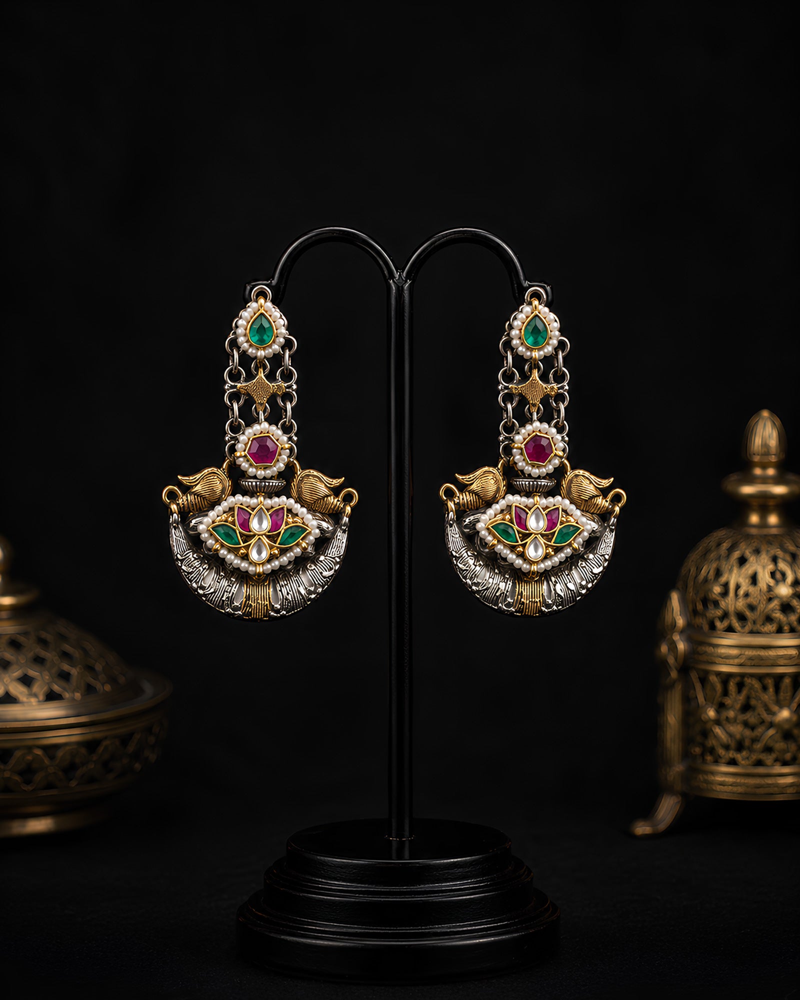 Dual-Tone Lotus Shield & Twin Peacock Chandelier Earrings