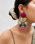 Dual-Tone Magenta Gemstone & Beaded Fringe Earrings