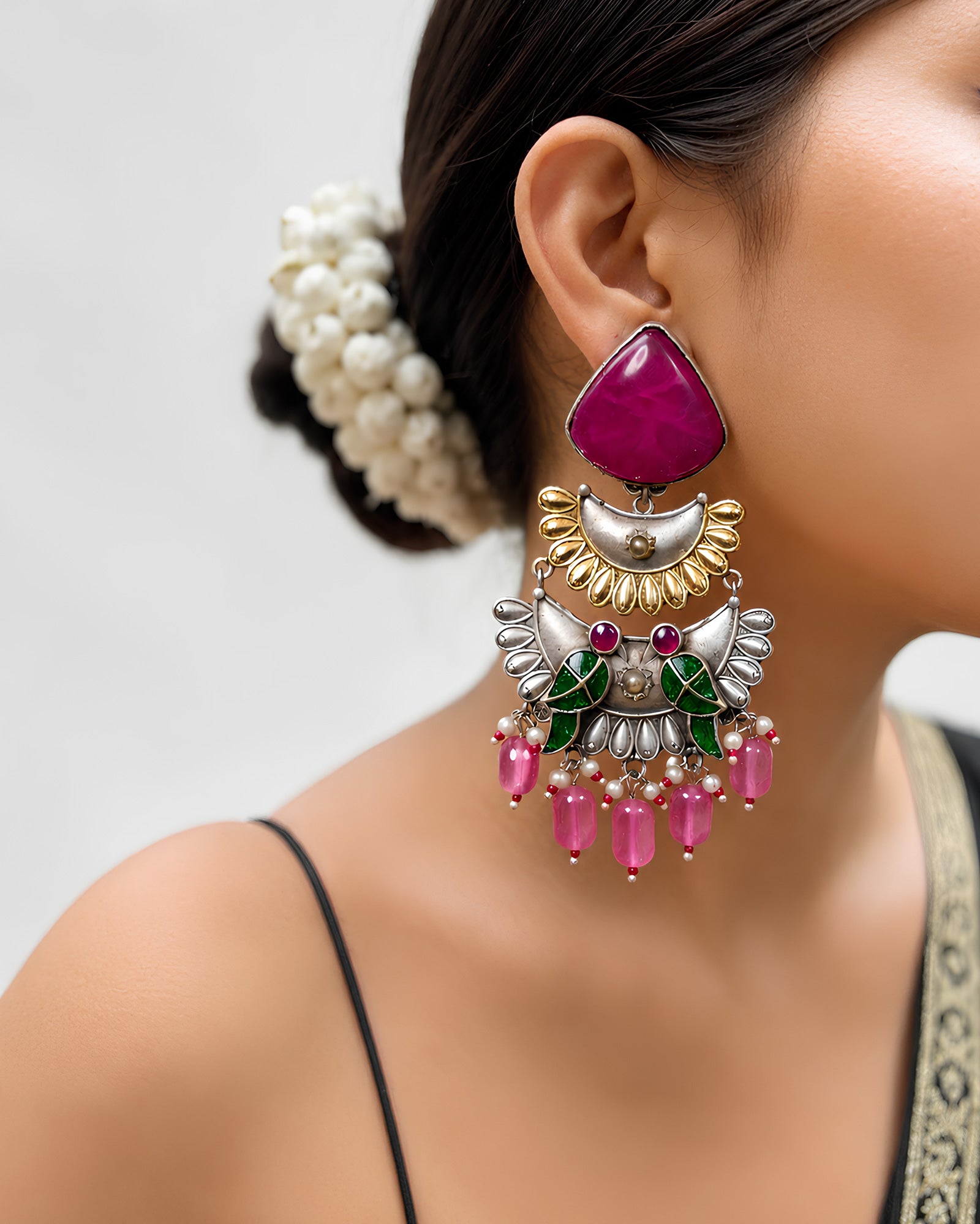 Dual-Tone Magenta Gemstone & Beaded Fringe Earrings