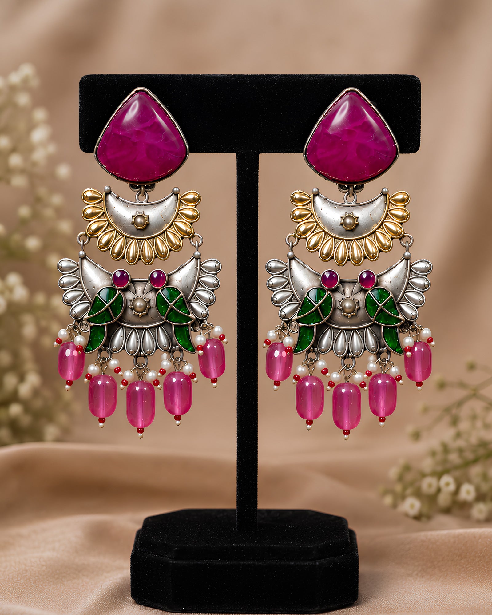 Dual-Tone Magenta Gemstone & Beaded Fringe Earrings