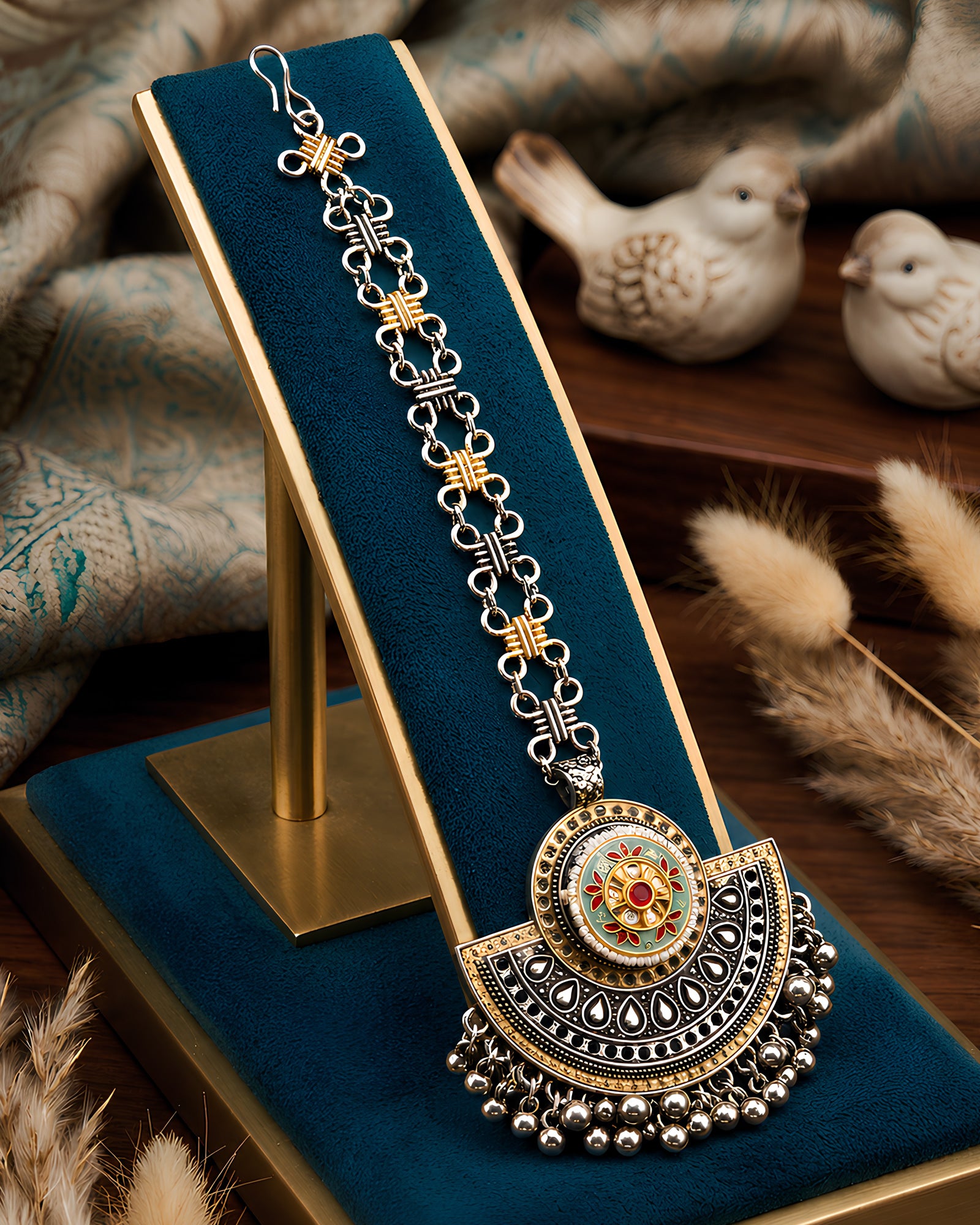 Dual-Tone Meenakari Architectural Medallion & Ghungroo Maang Tikka