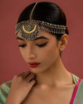 Dual-Tone Meenakari Floral Chandbali & Ghungroo-Fringed Matha Patti
