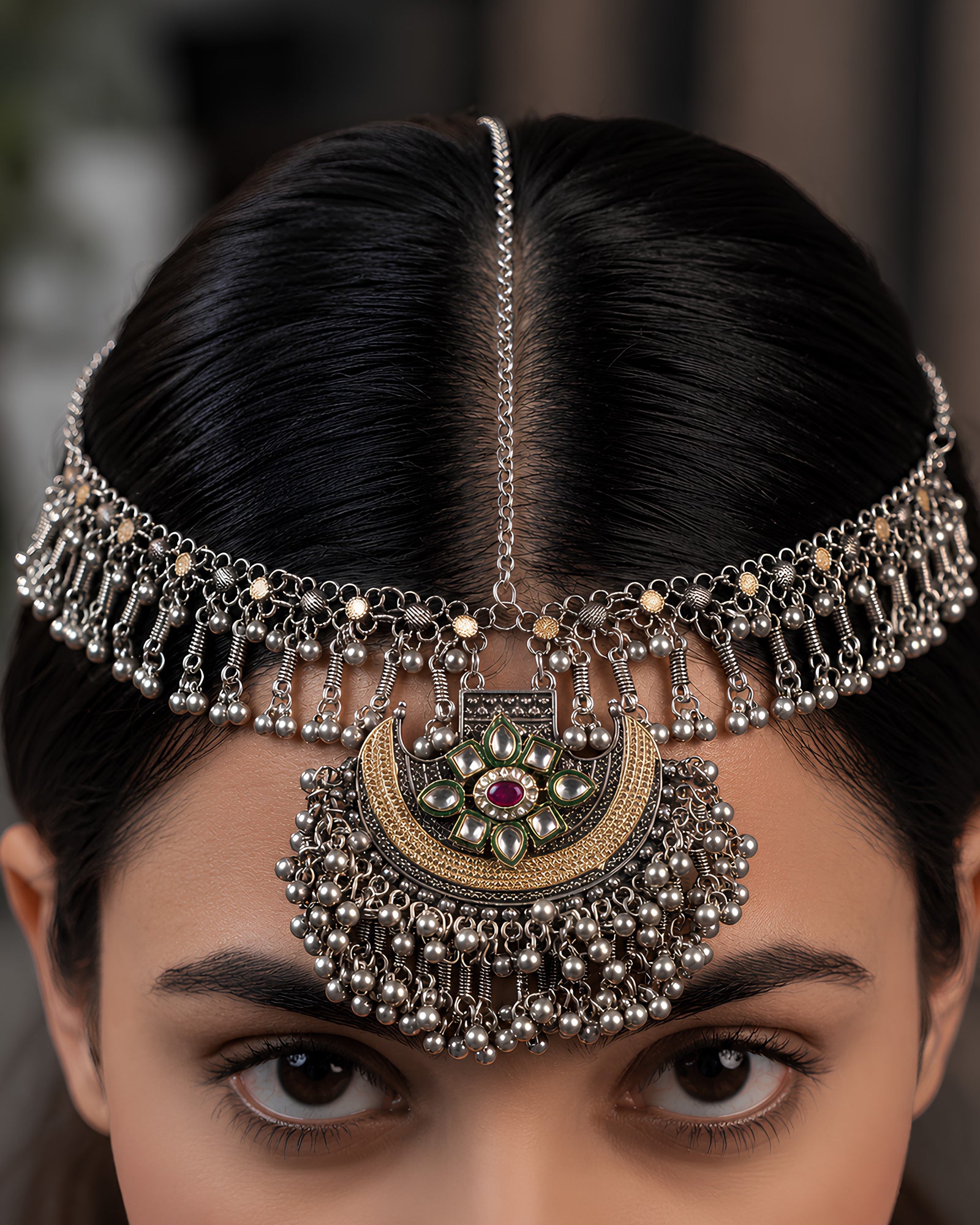 Dual-Tone Meenakari Floral Chandbali & Ghungroo-Fringed Matha Patti