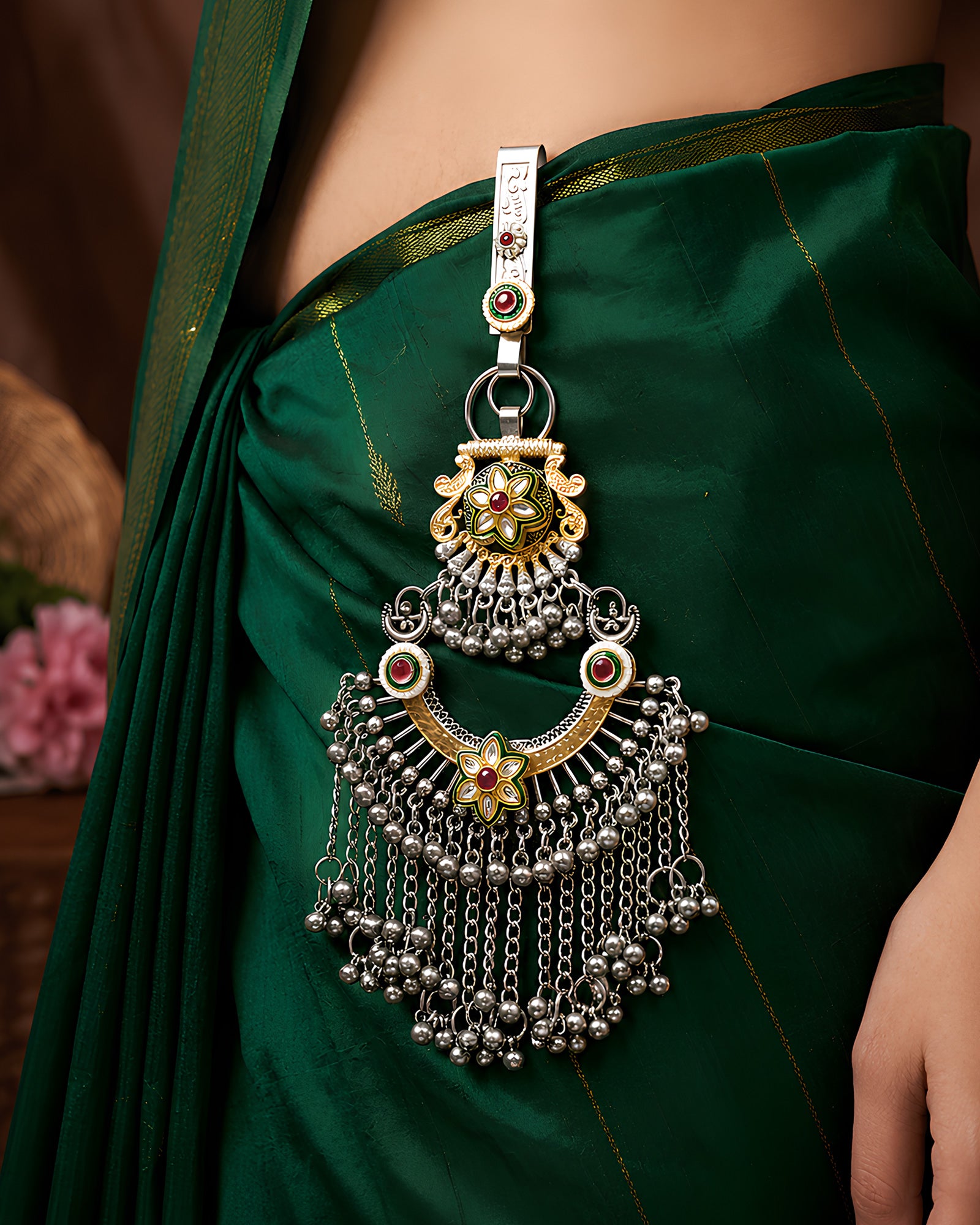 Dual-Tone Meenakari Floral Crescent & Cascading Ghungroo Juda Pin