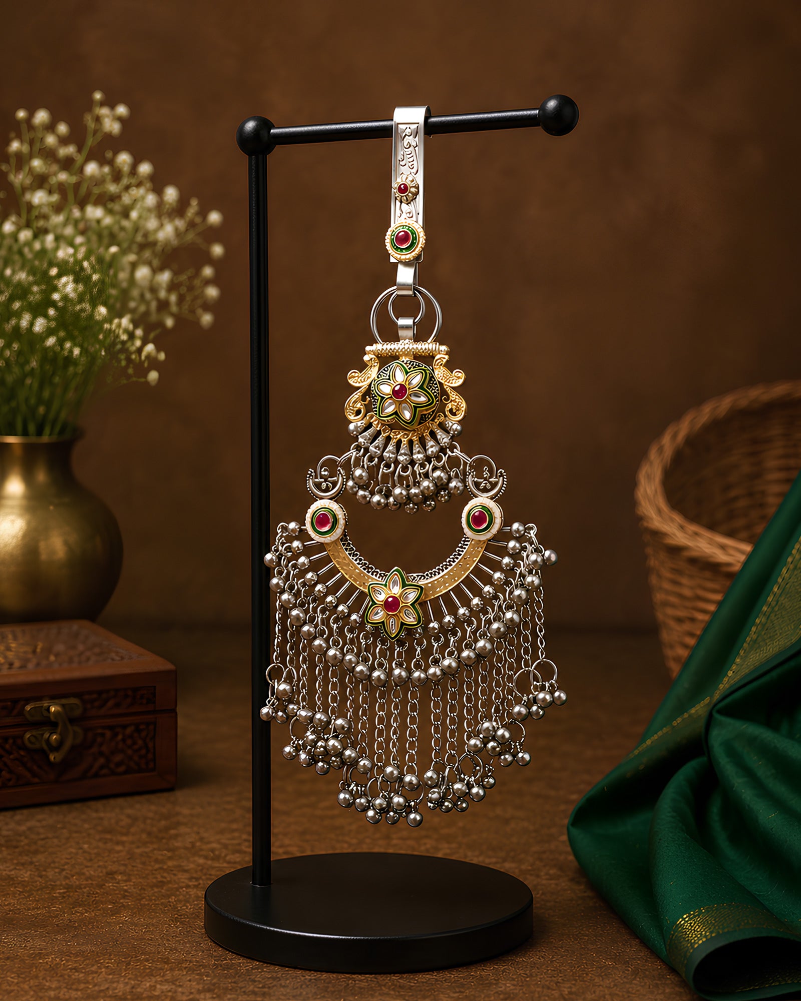 Dual-Tone Meenakari Floral Crescent & Cascading Ghungroo Juda Pin