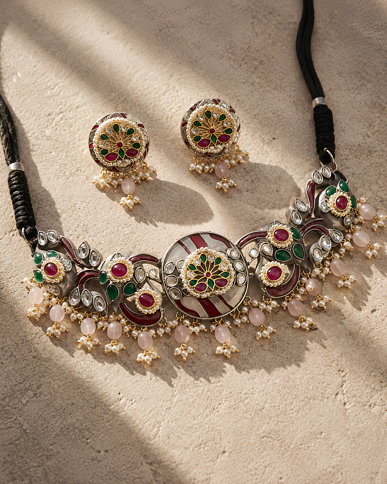 Dual-Tone Meenakari Floral Medallion & Pearl Choker Necklace