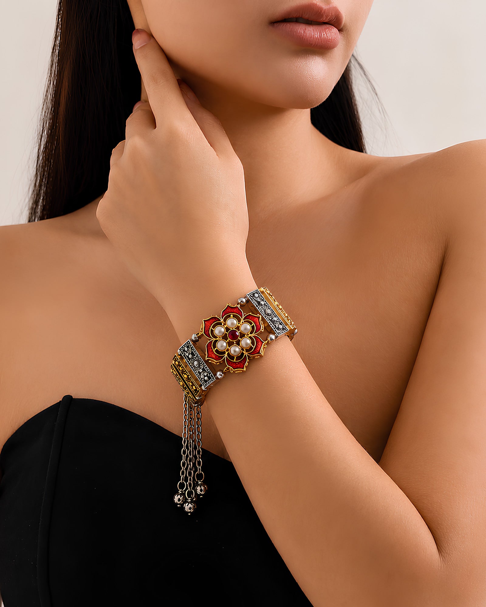 Dual-Tone Meenakari Floral Medallion & Pearl-Inlaid Paneled Kada