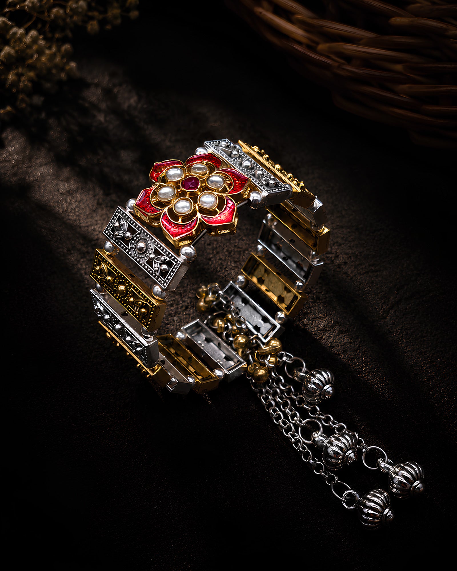 Dual-Tone Meenakari Floral Medallion & Pearl-Inlaid Paneled Kada