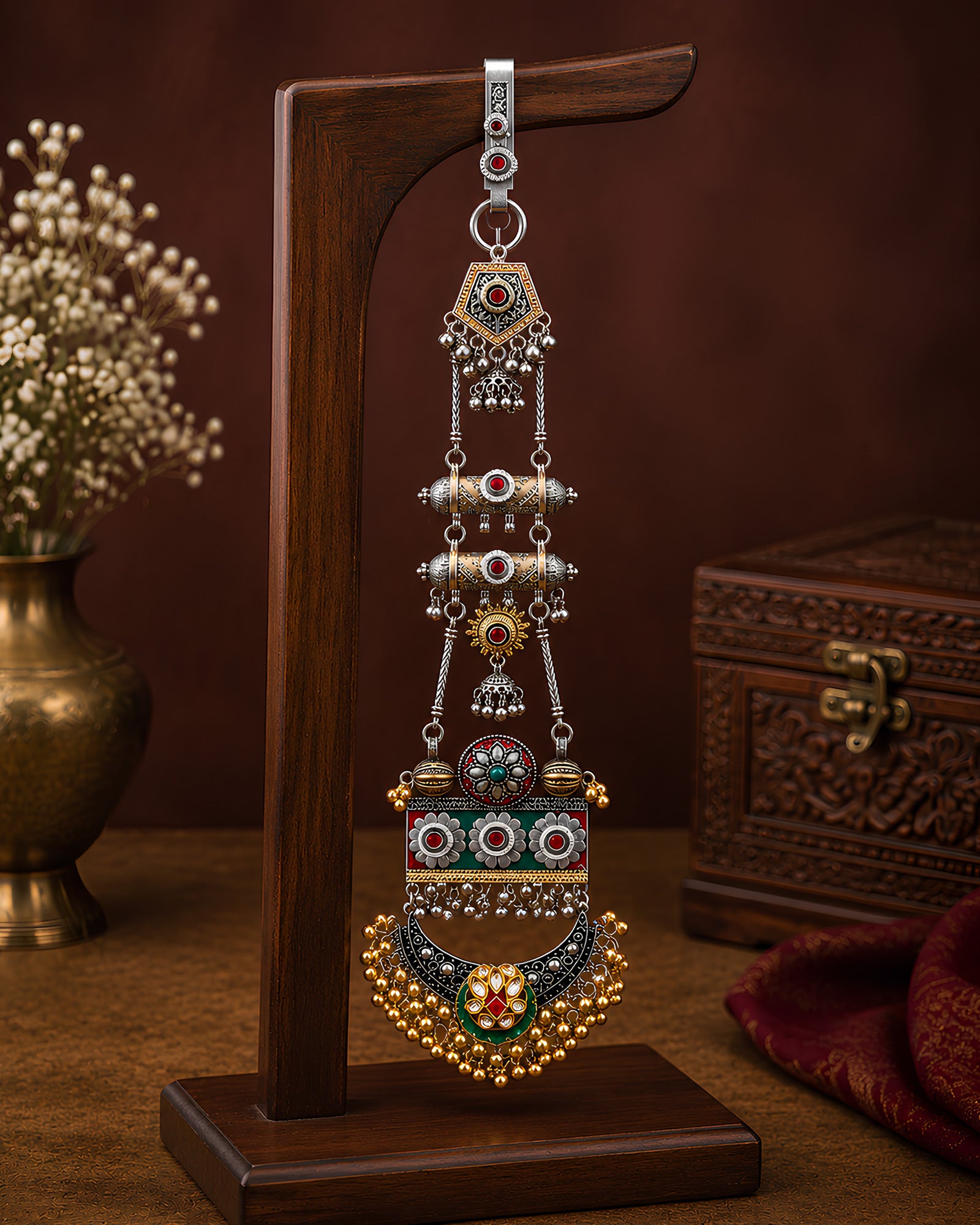Dual-Tone Meenakari Floral Panel & Golden Ghungroo Crescent Juda Pin