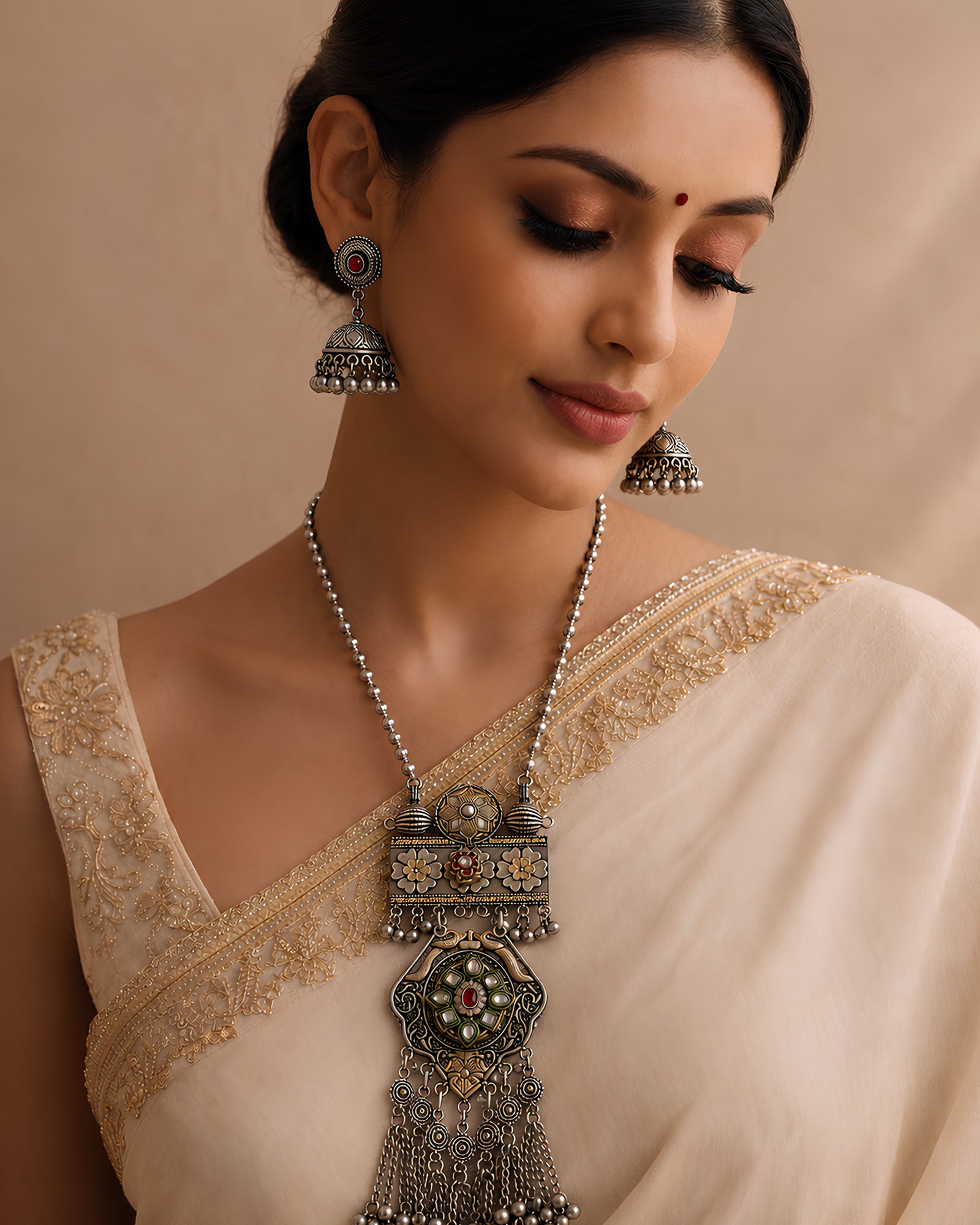 Dual-Tone Meenakari Floral Panel & Medallion Ghungroo-Fringe Necklace Set