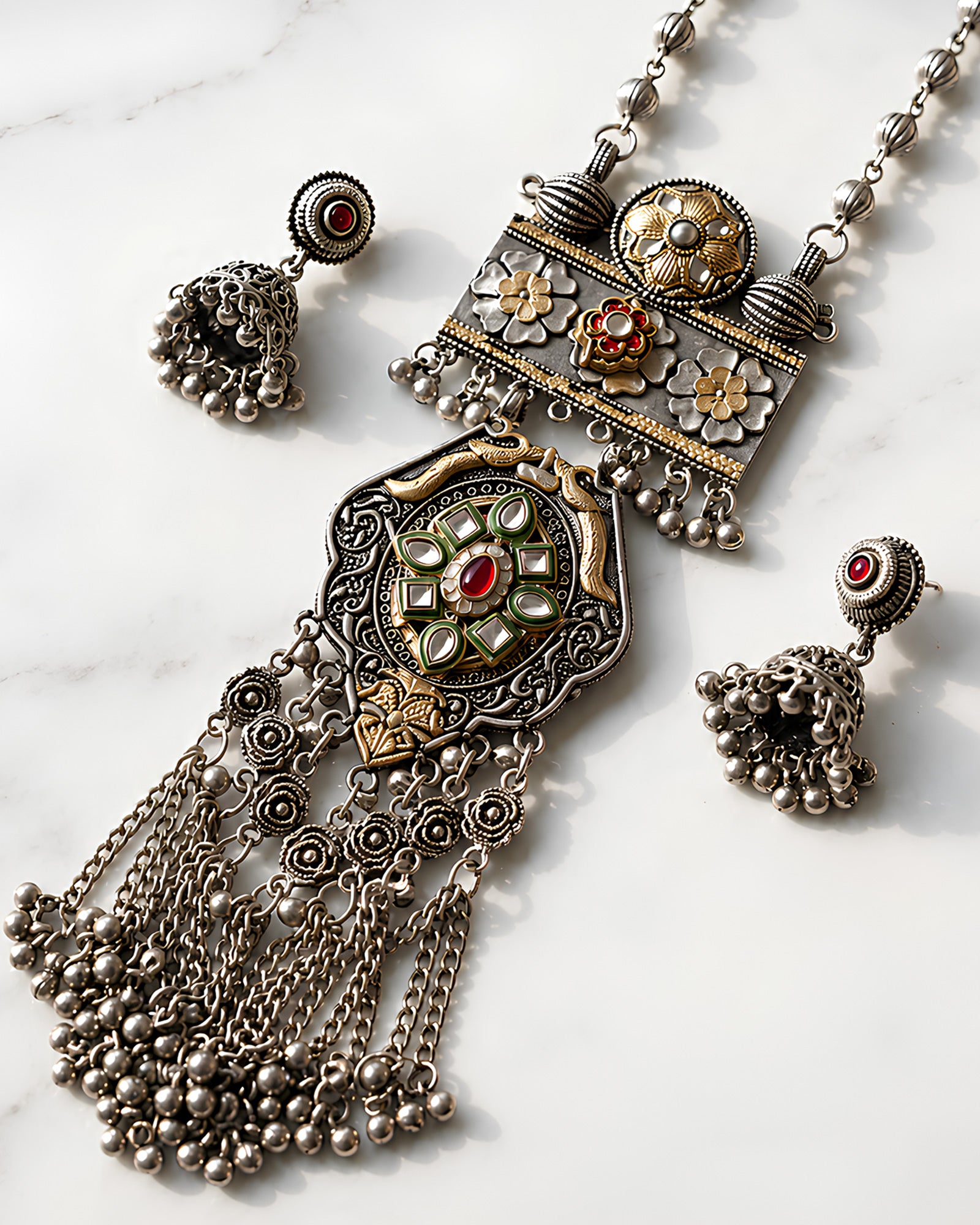 Dual-Tone Meenakari Floral Panel & Medallion Ghungroo-Fringe Necklace Set