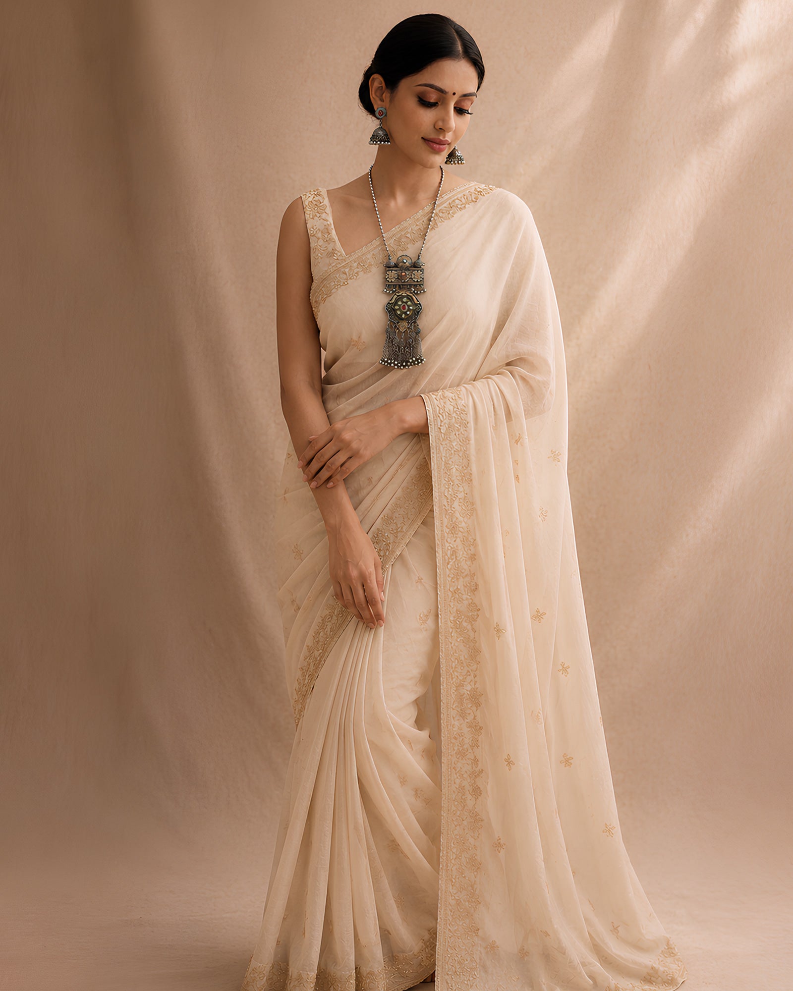 Dual-Tone Meenakari Floral Panel & Medallion Ghungroo-Fringe Necklace Set