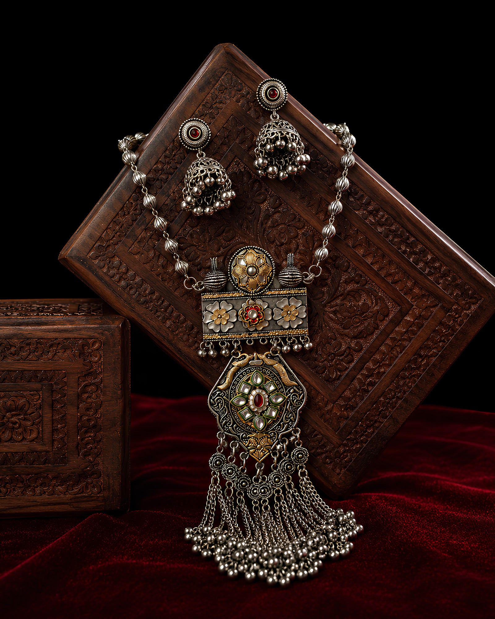 Dual-Tone Meenakari Floral Panel & Medallion Ghungroo-Fringe Necklace Set