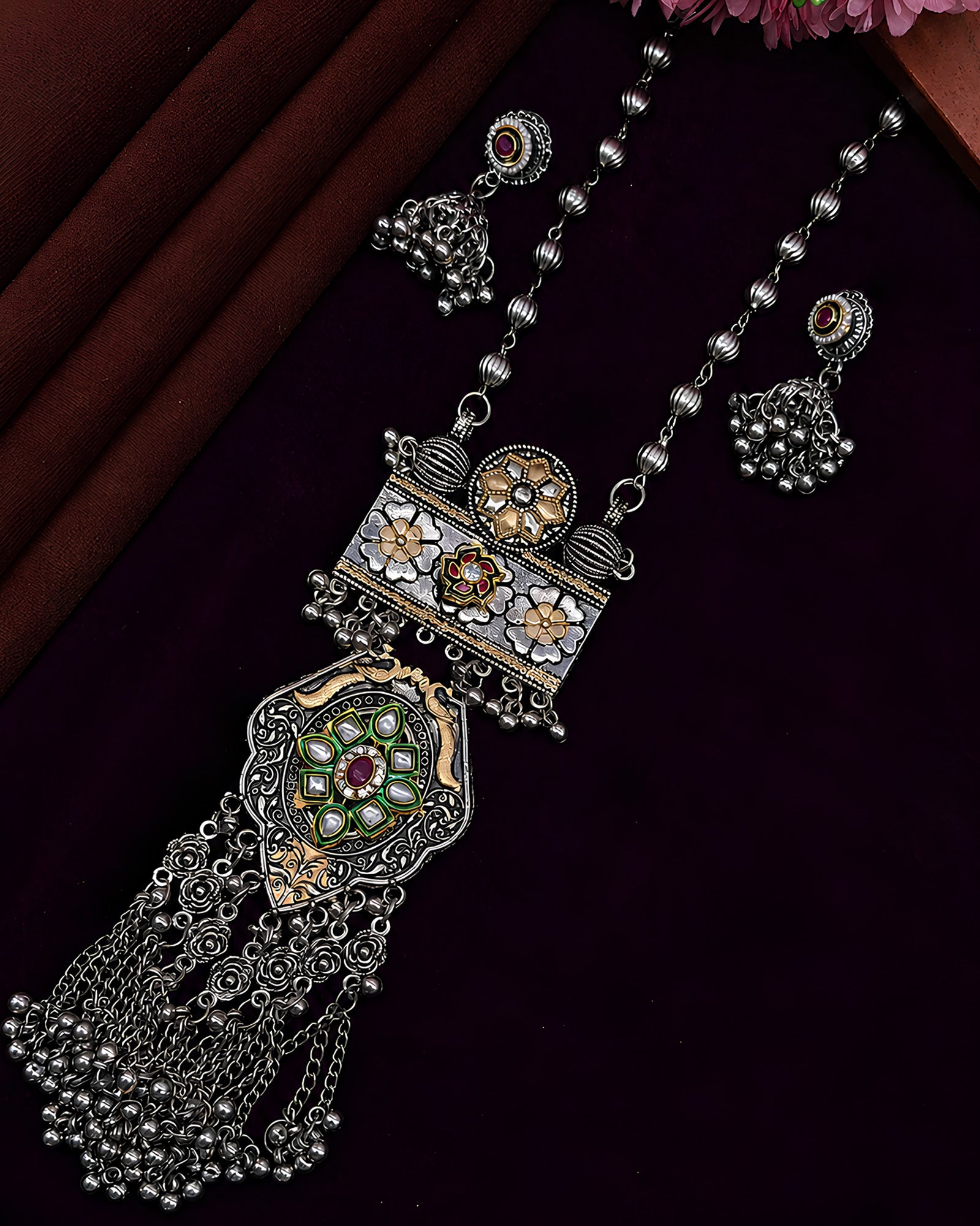 Dual-Tone Meenakari Floral Panel & Medallion Ghungroo-Fringe Necklace Set