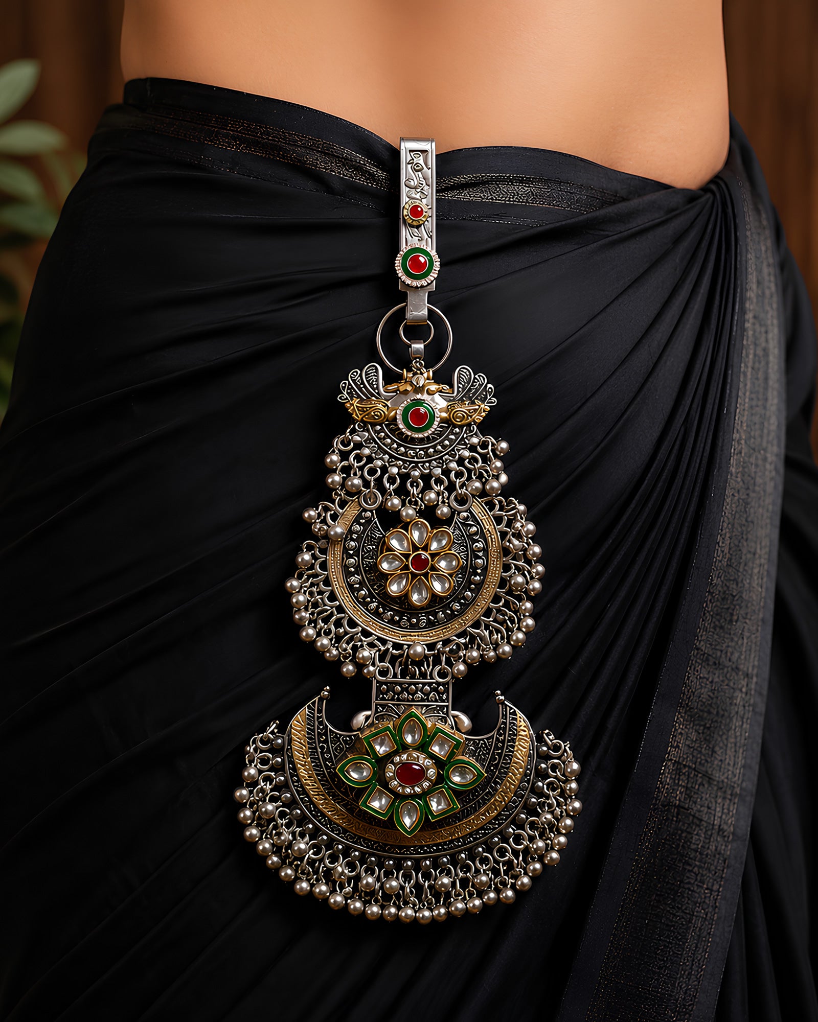 Dual-Tone Meenakari Geometric Floral & Ghungroo Crescent Juda Pin