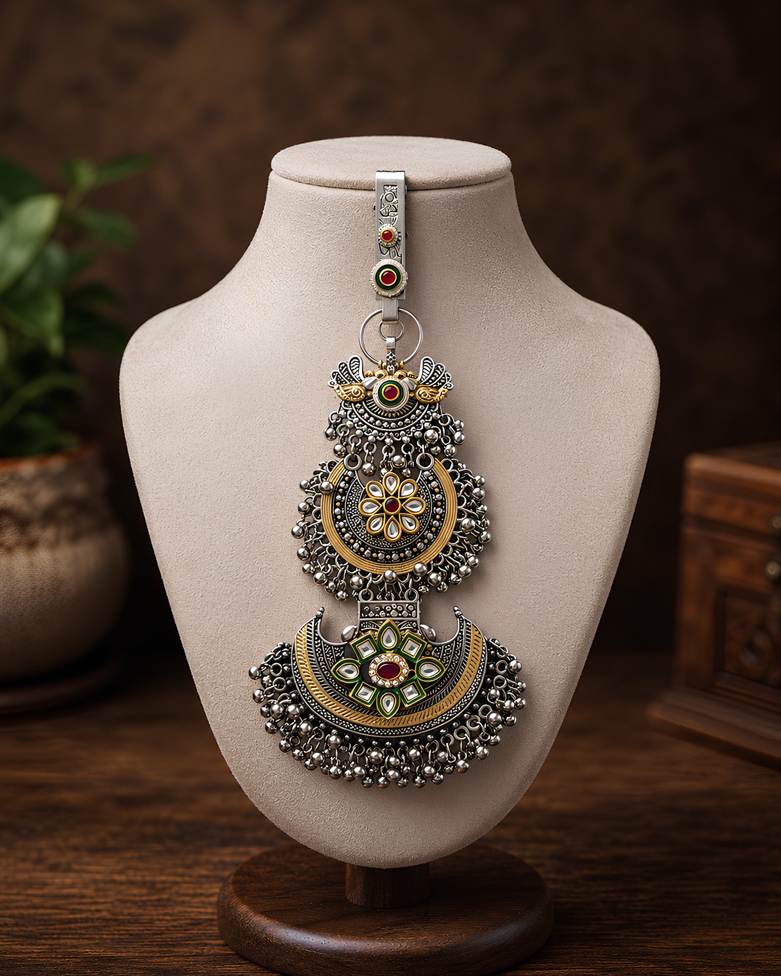 Dual-Tone Meenakari Geometric Floral & Ghungroo Crescent Juda Pin