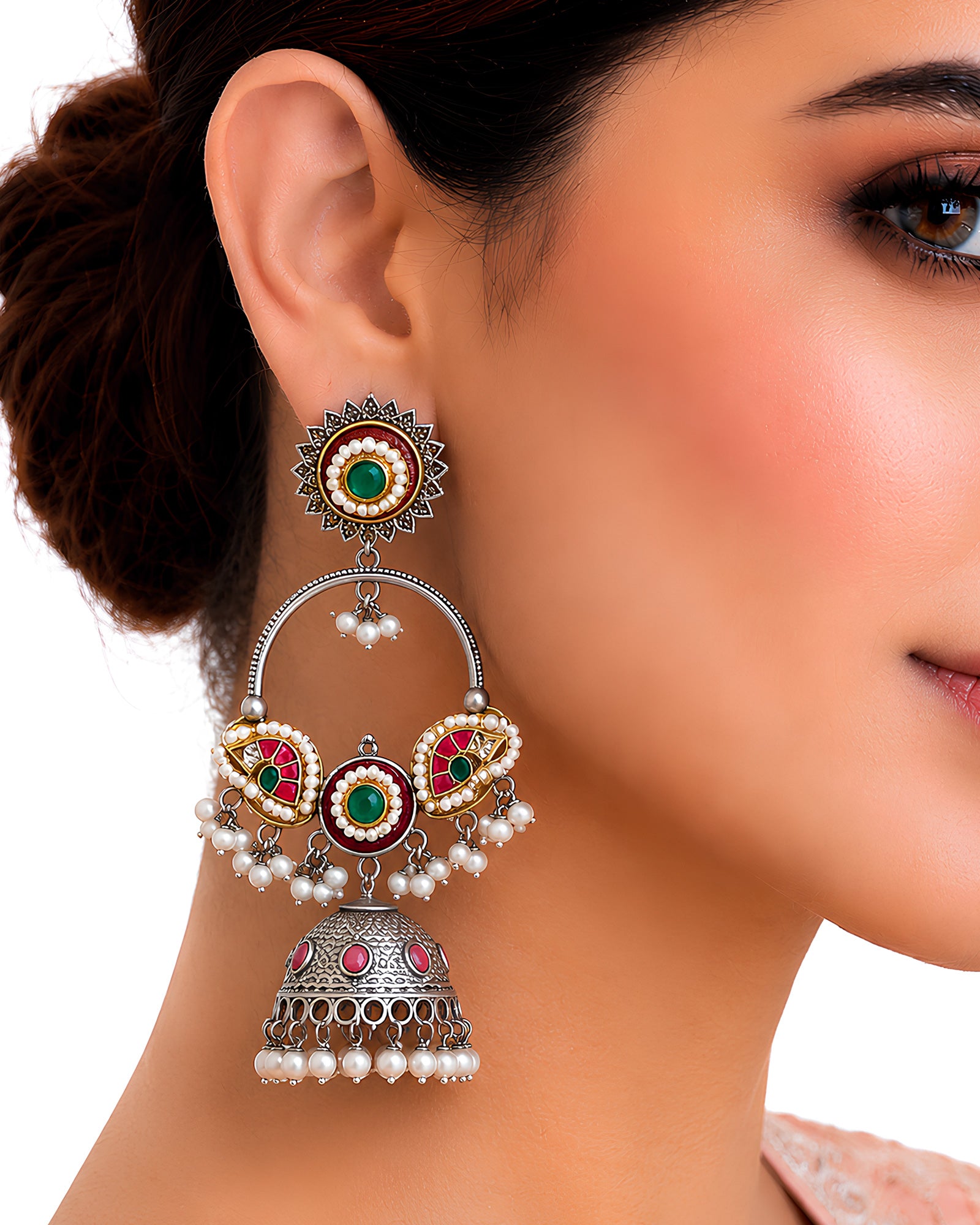 Dual-Tone Meenakari Hoop & Jhumka Drop Earrings