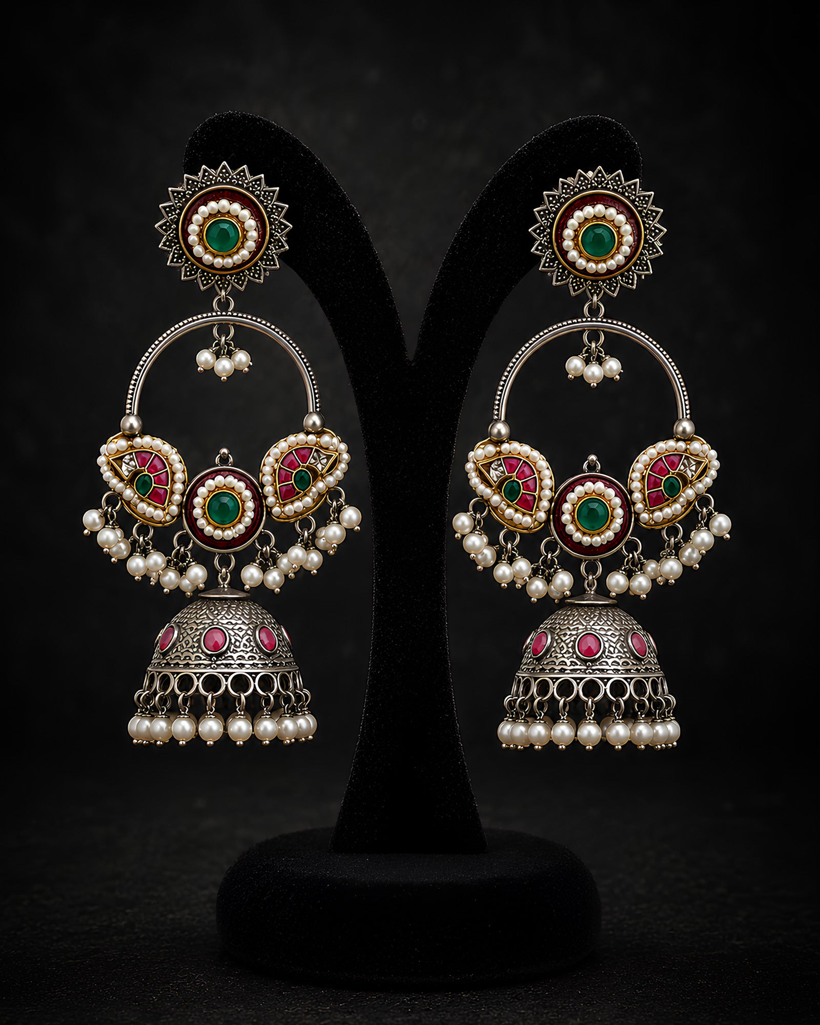Dual-Tone Meenakari Hoop & Jhumka Drop Earrings