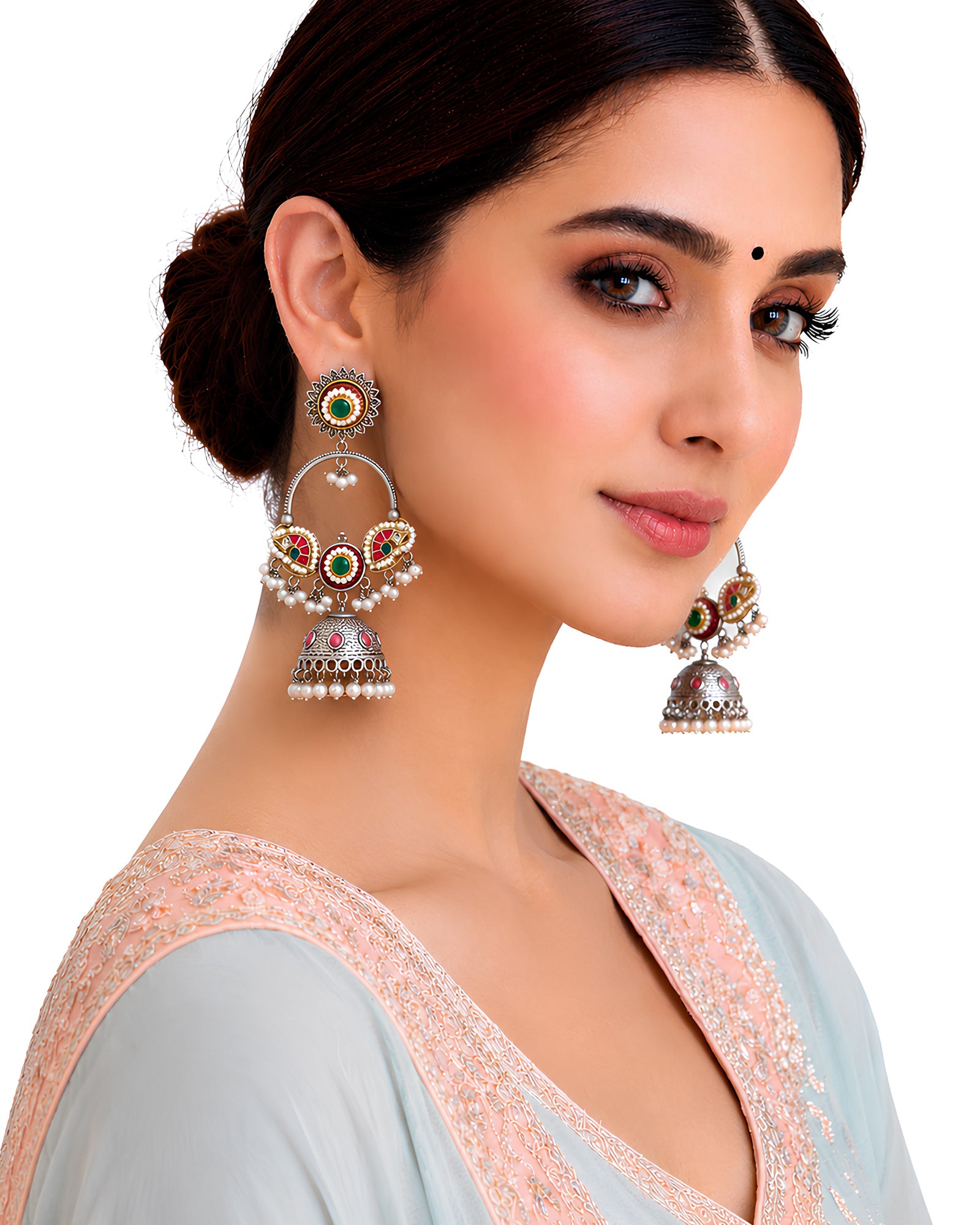 Dual-Tone Meenakari Hoop & Jhumka Drop Earrings
