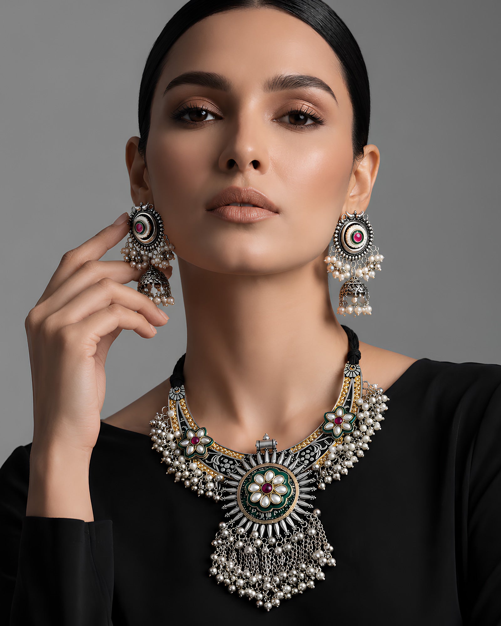 Dual-Tone Meenakari Kundan Rosette & Cluster Pearl-Fringed Necklace Set