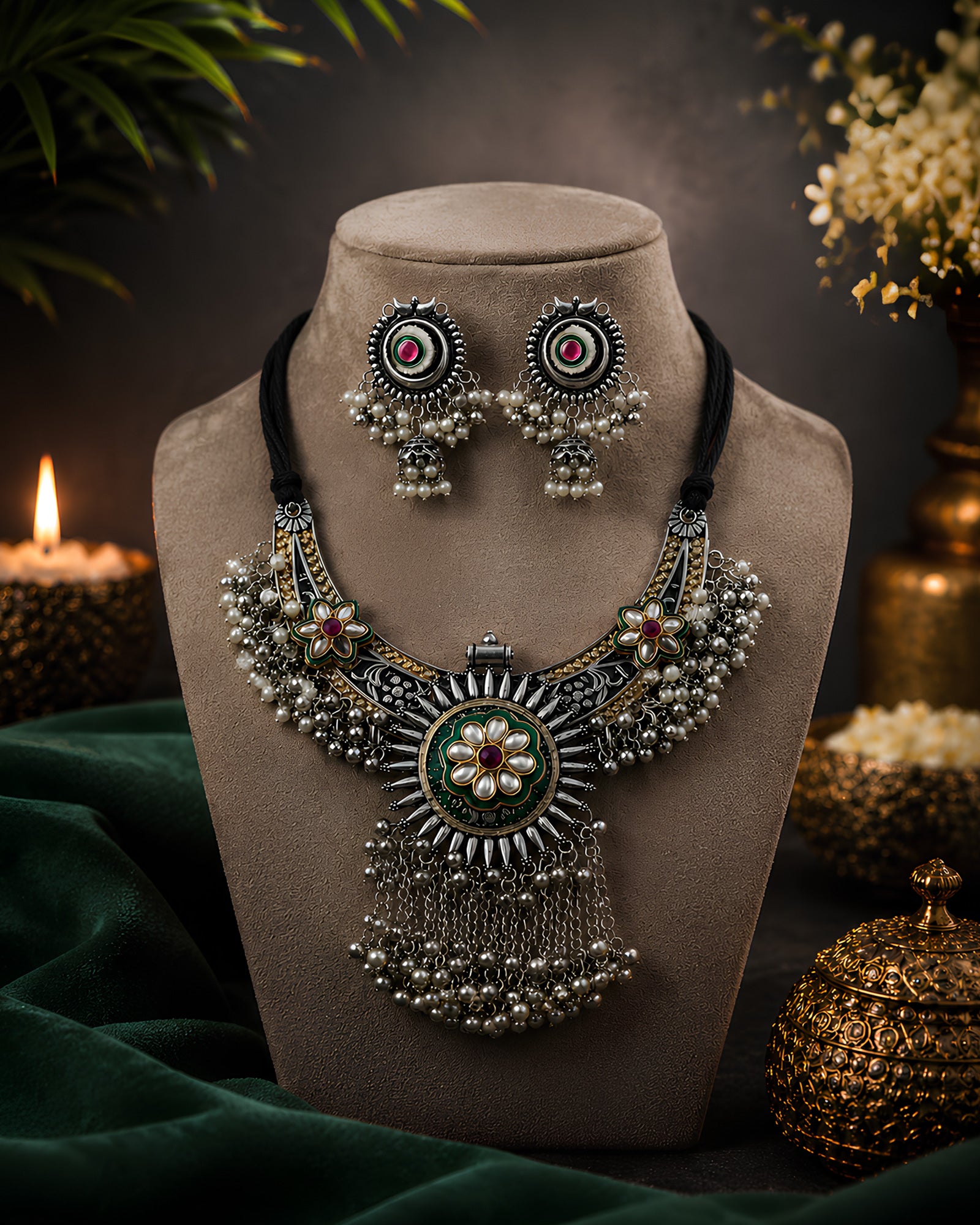 Dual-Tone Meenakari Kundan Rosette & Cluster Pearl-Fringed Necklace Set