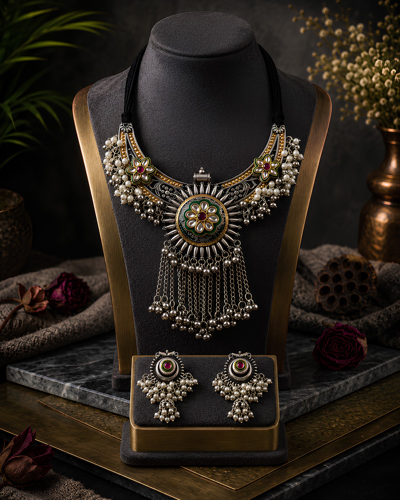 Dual-Tone Meenakari Kundan Rosette & Cluster Pearl-Fringed Necklace Set