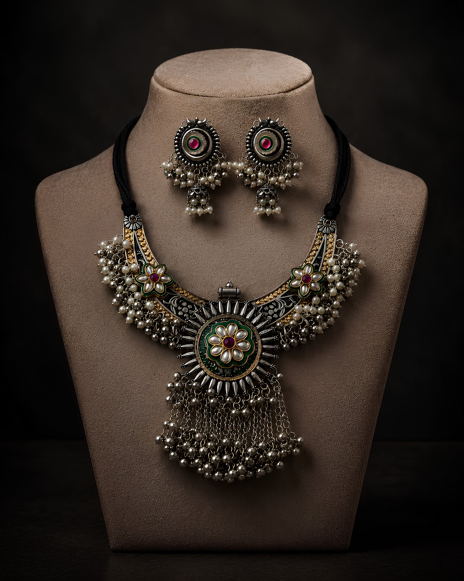 Dual-Tone Meenakari Kundan Rosette & Cluster Pearl-Fringed Necklace Set