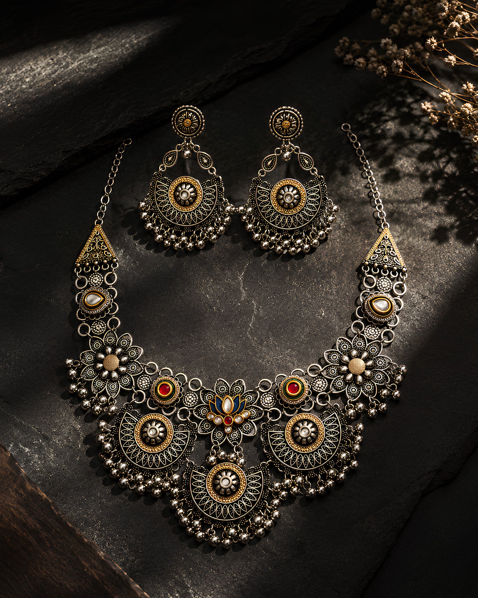 Dual-Tone Meenakari Lotus & Crescent Ghungroo Collar Necklace Set