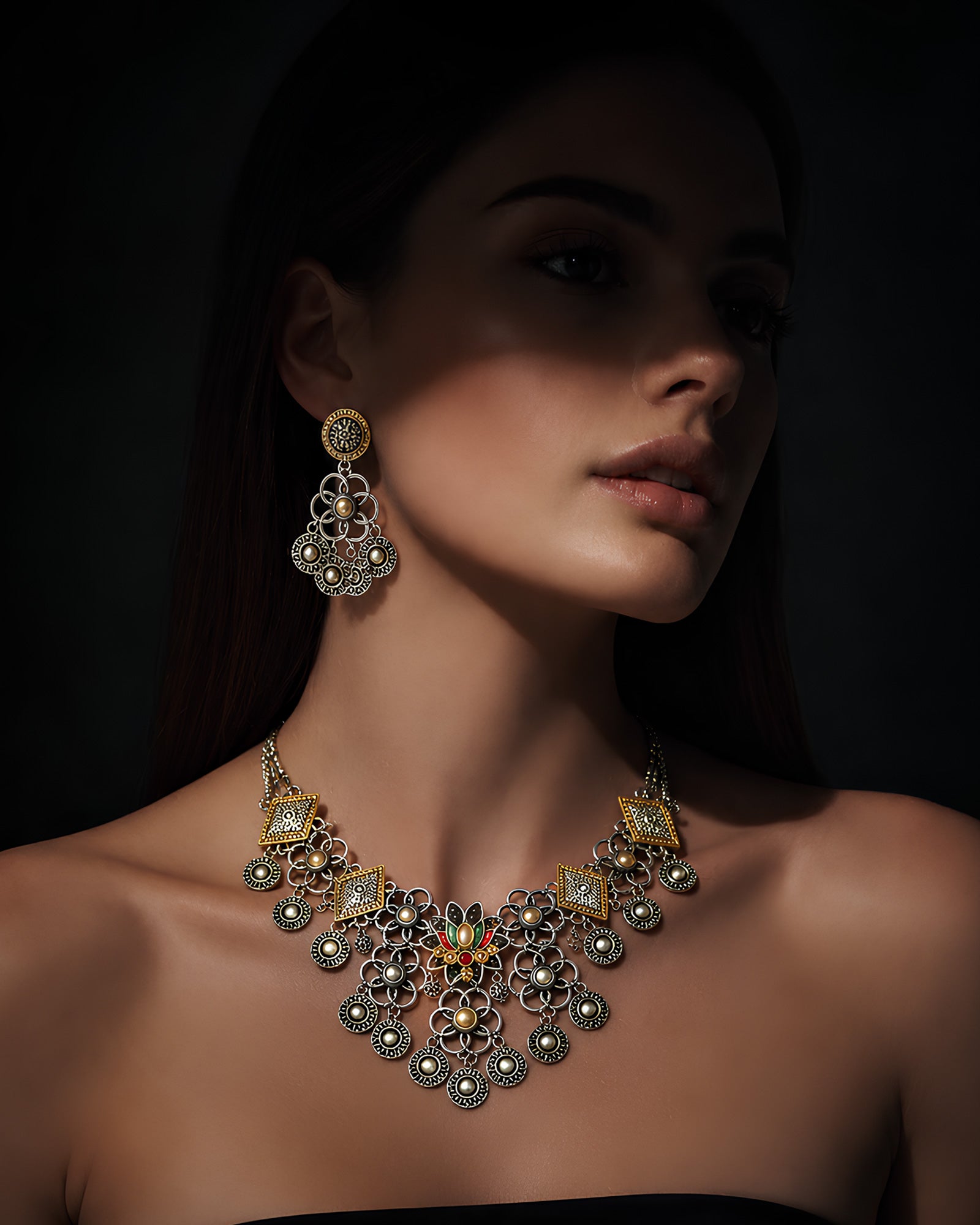 Dual-Tone Meenakari Lotus Shield & Geometric Coin-Fringed Necklace Set