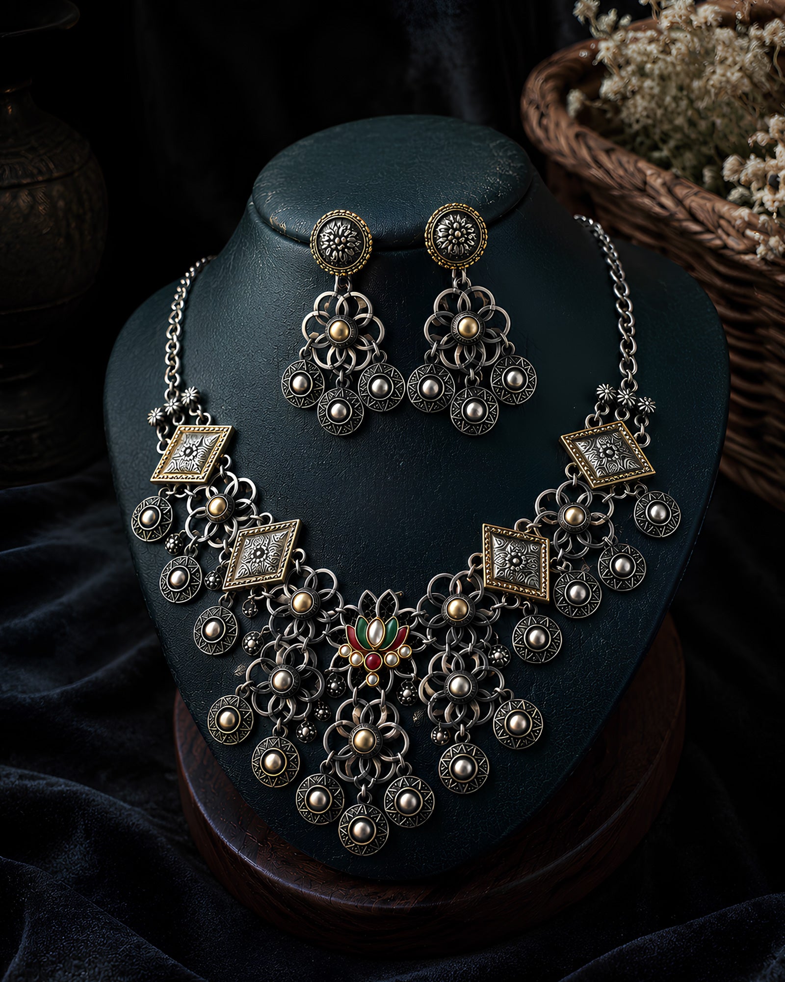 Dual-Tone Meenakari Lotus Shield & Geometric Coin-Fringed Necklace Set